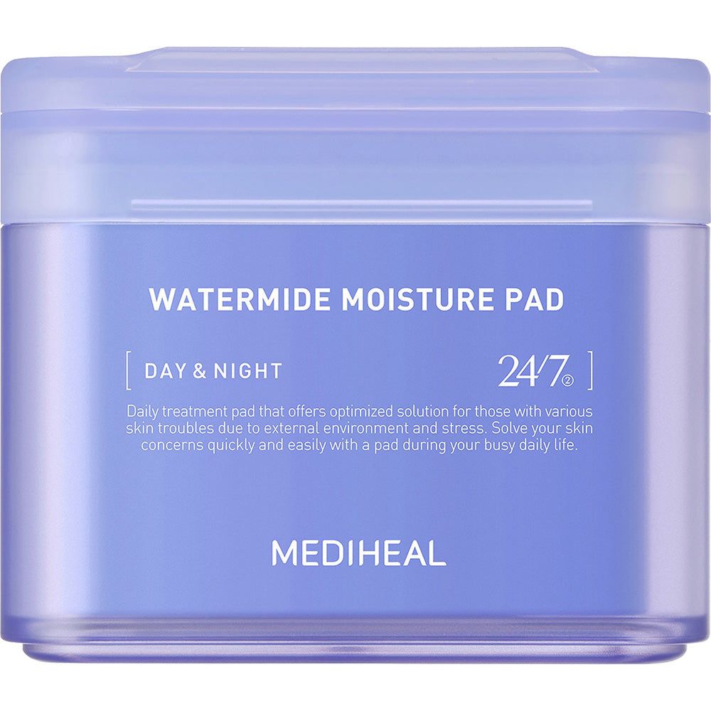 Boîte carrée. Inscription : Watermide Moisture Pad, Day & Night, 24/7, Mediheal. Emballage bleu.