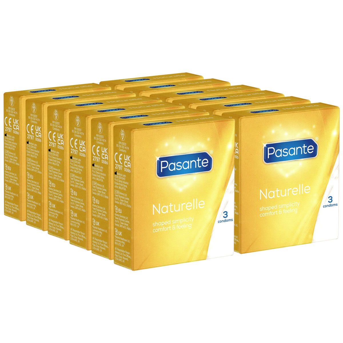 Plusieurs boîtes de préservatifs Pasante Naturelle. 3 préservatifs par boîte. Marquage CE.
