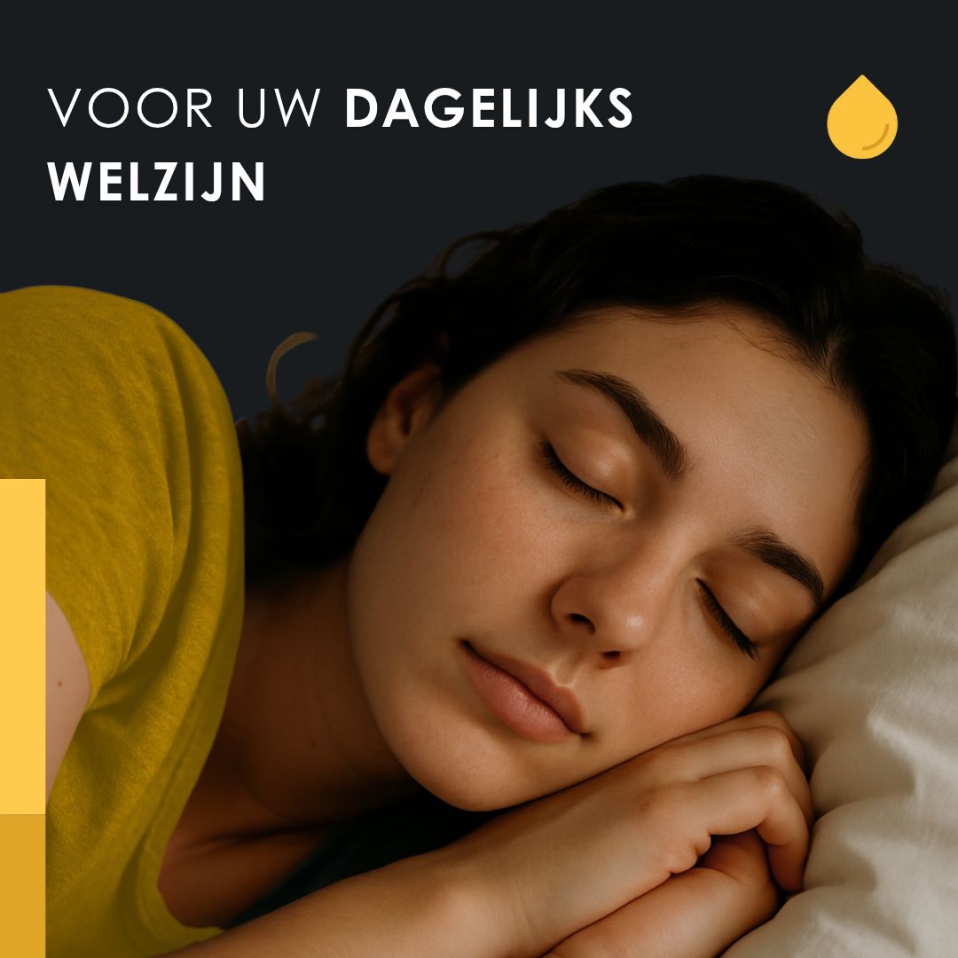 Vrouw slaapt op een kussen. Opschrift: Voor uw dagelijks welzijn.