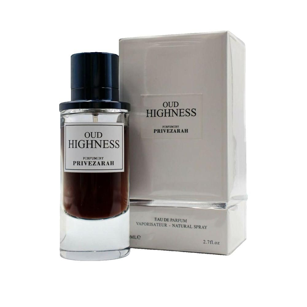 Parfumfles en verpakking. Fles met zwarte dop, wit etiket. Witte verpakking, met productnaam. Tekst: Oud Highness, Privezarah.