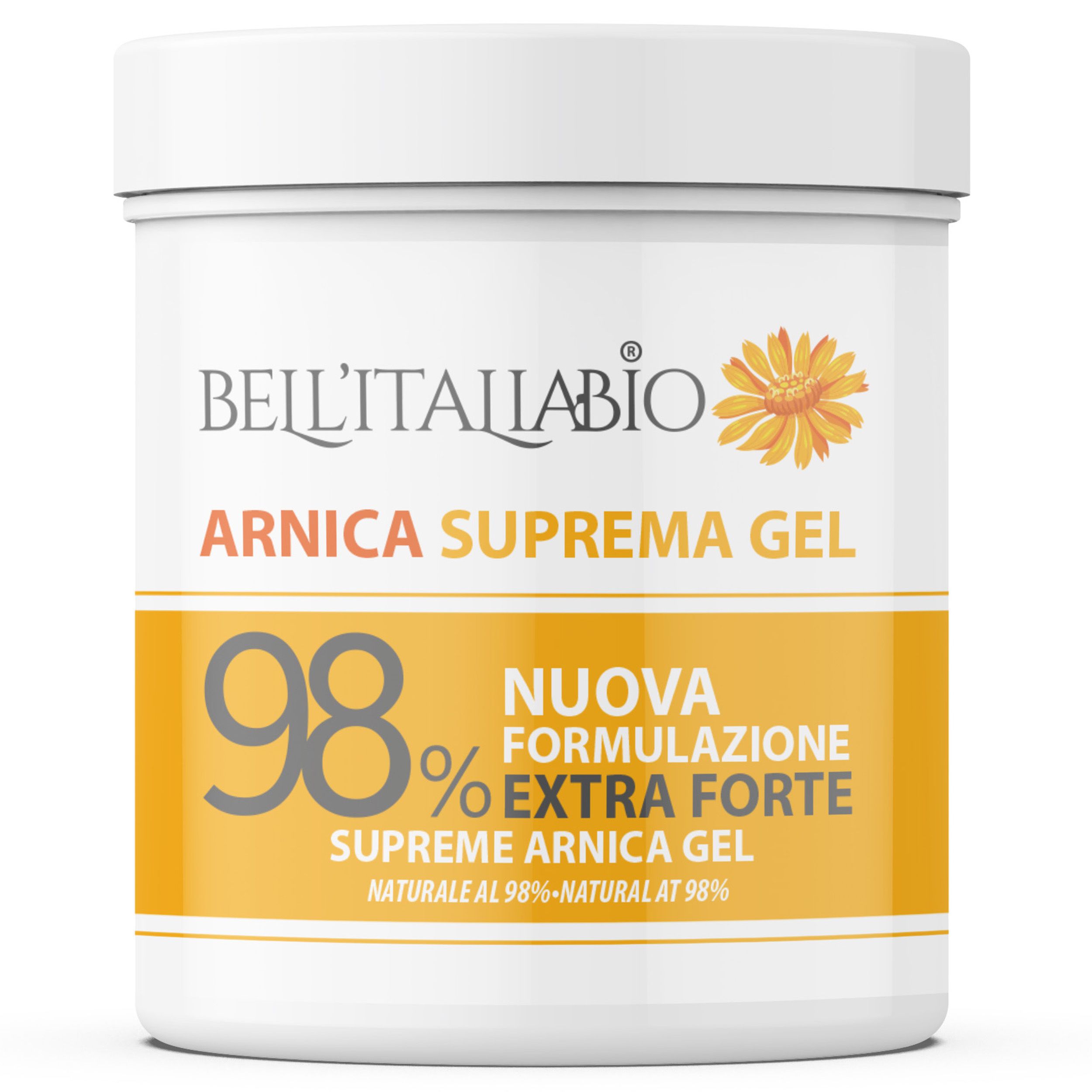 Witte pot met geel etiket. Tekst: BellItaliabio Arnica Supreme Gel. 98% Extra Forte. Natuurlijke ingrediënten.