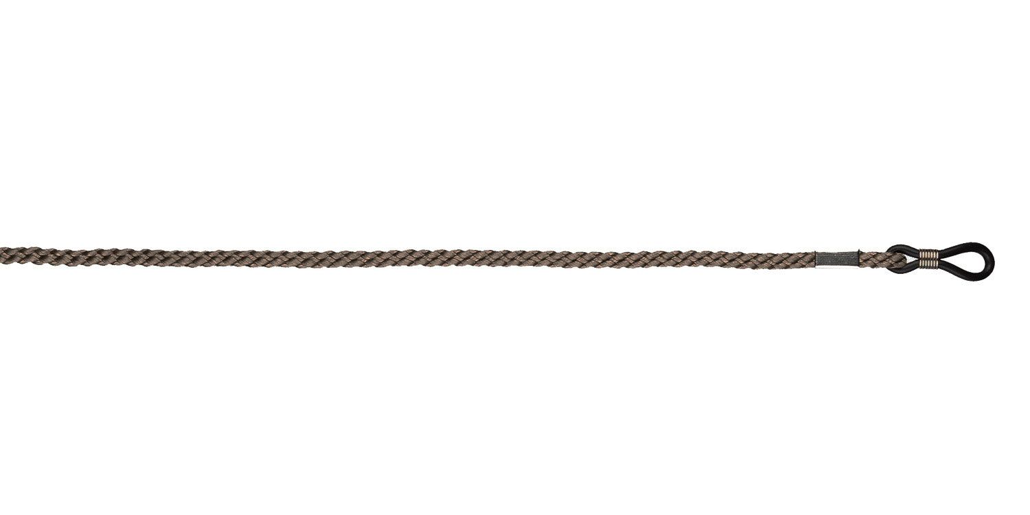 Gevlochten brillenkoord, zwart en bruin. Lus voor bevestiging aan brillenpoten.