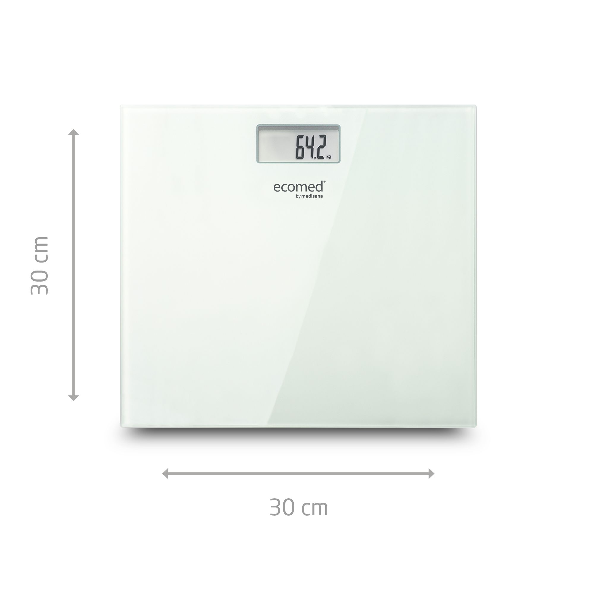 Balance personnelle blanche en verre (30x30 cm) avec affichage numérique (64.2 kg).