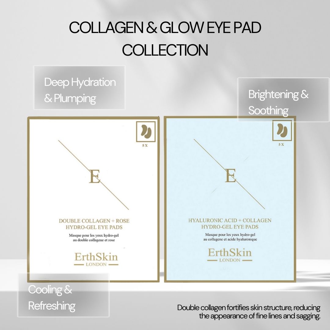 Twee vierkante verpakkingen met oogpads. Opschrift: ErthSkin London. Eén verpakking bevat rozenhydrogel oogpads, de andere hyaluronzuur + collageen hydrogel oogpads.