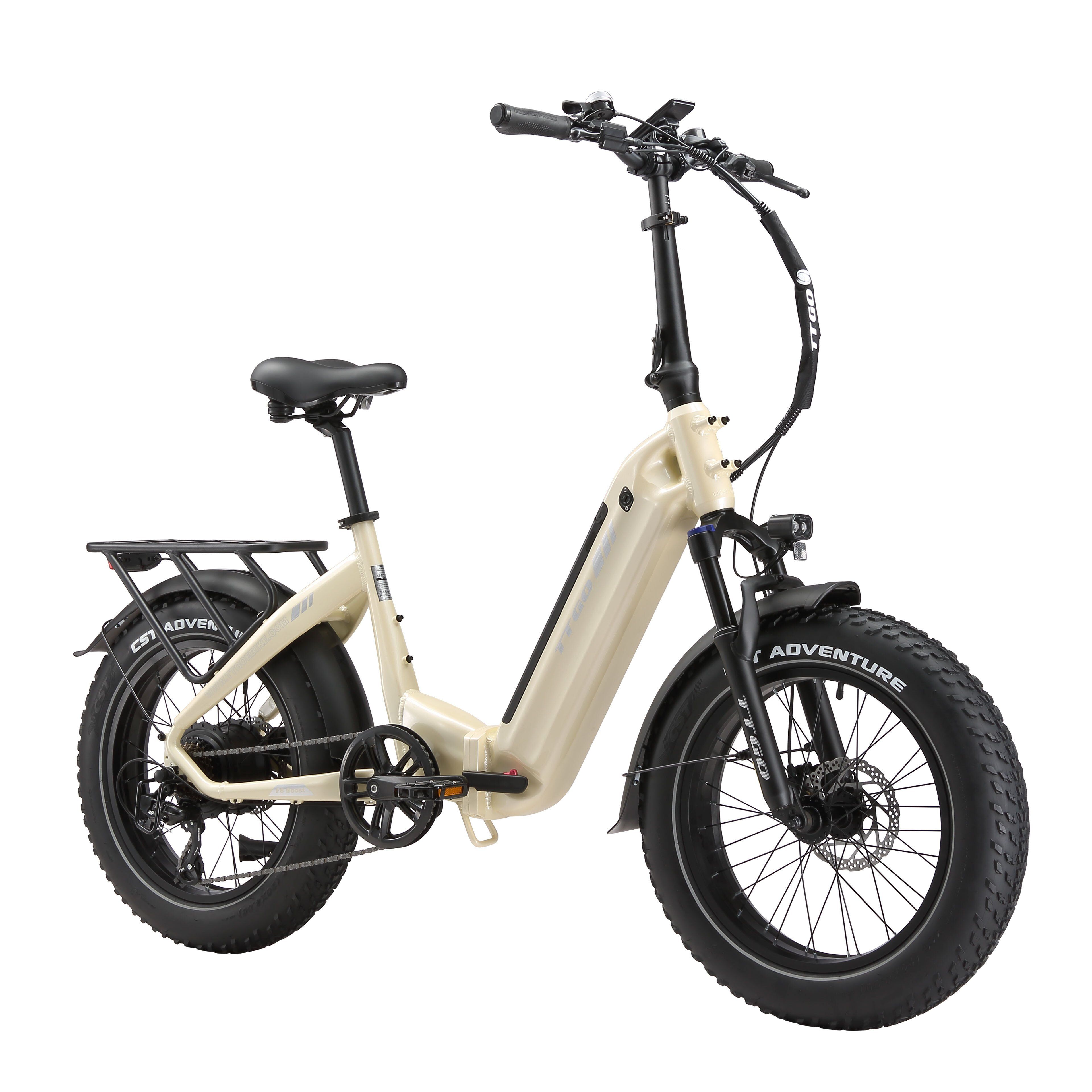 Beige opvouwbare e-bike met zwarte banden en details. Zwart zadel, bagagerek. "ADVENTURE" op de band.