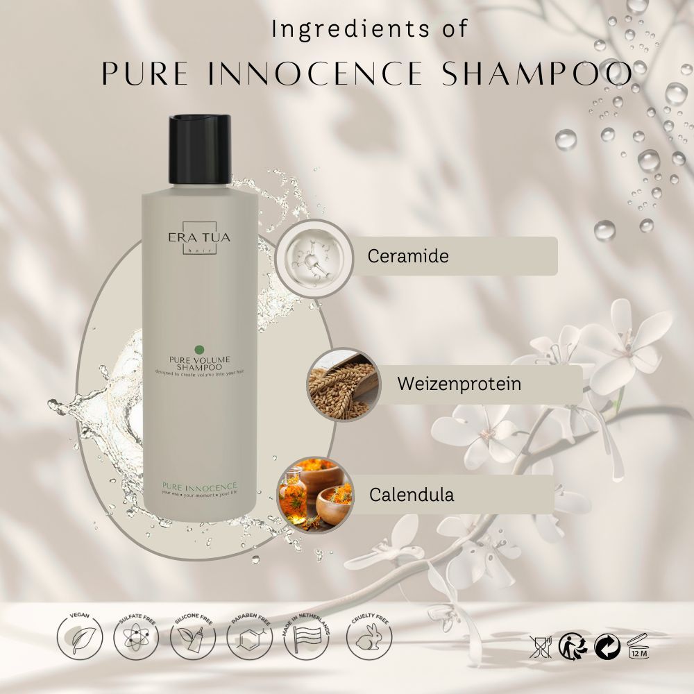 Flacon de shampooing noir. Texte: Era Tua, Pure Volume Shampoo. Ingrédients: Céramide, protéine de blé, calendula. Label vegan.