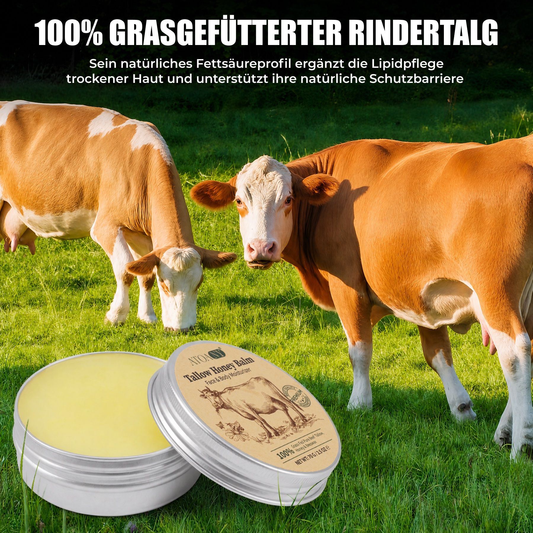 Boîte argentée ouverte avec baume jaune, à côté une boîte avec étiquette montrant une vache. Deux vaches dans une prairie verte.