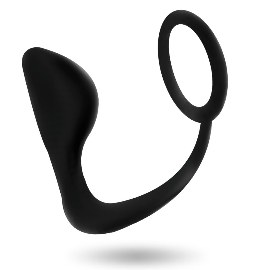Plug anal flexible noir avec anneau pénien en silicone.
