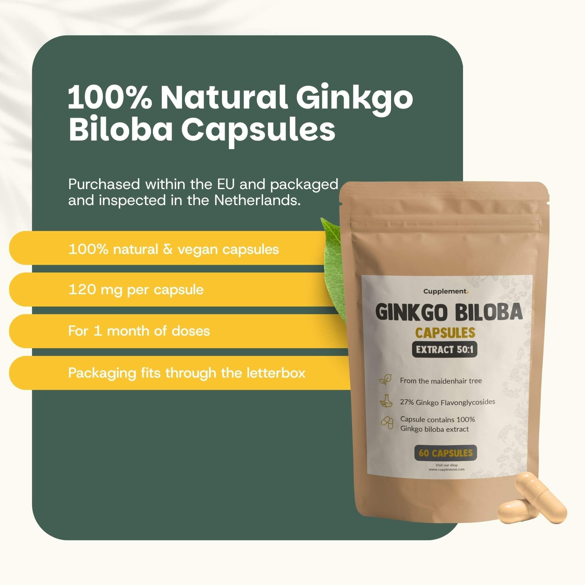 Sachet de gélules de Ginkgo Biloba. Texte : 120 mg par gélule, pour 1 mois de doses, l'emballage passe dans la boîte aux lettres.