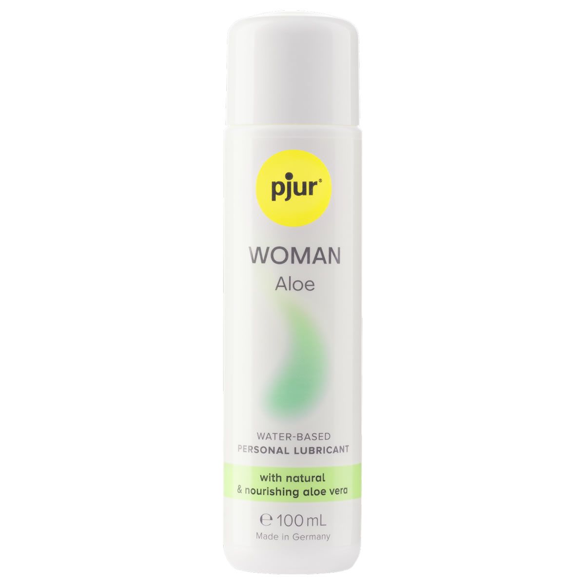 Witte fles met geel logo "pjur" en tekst "WOMAN Aloe". Bevat "Water-based Personal Lubricant".