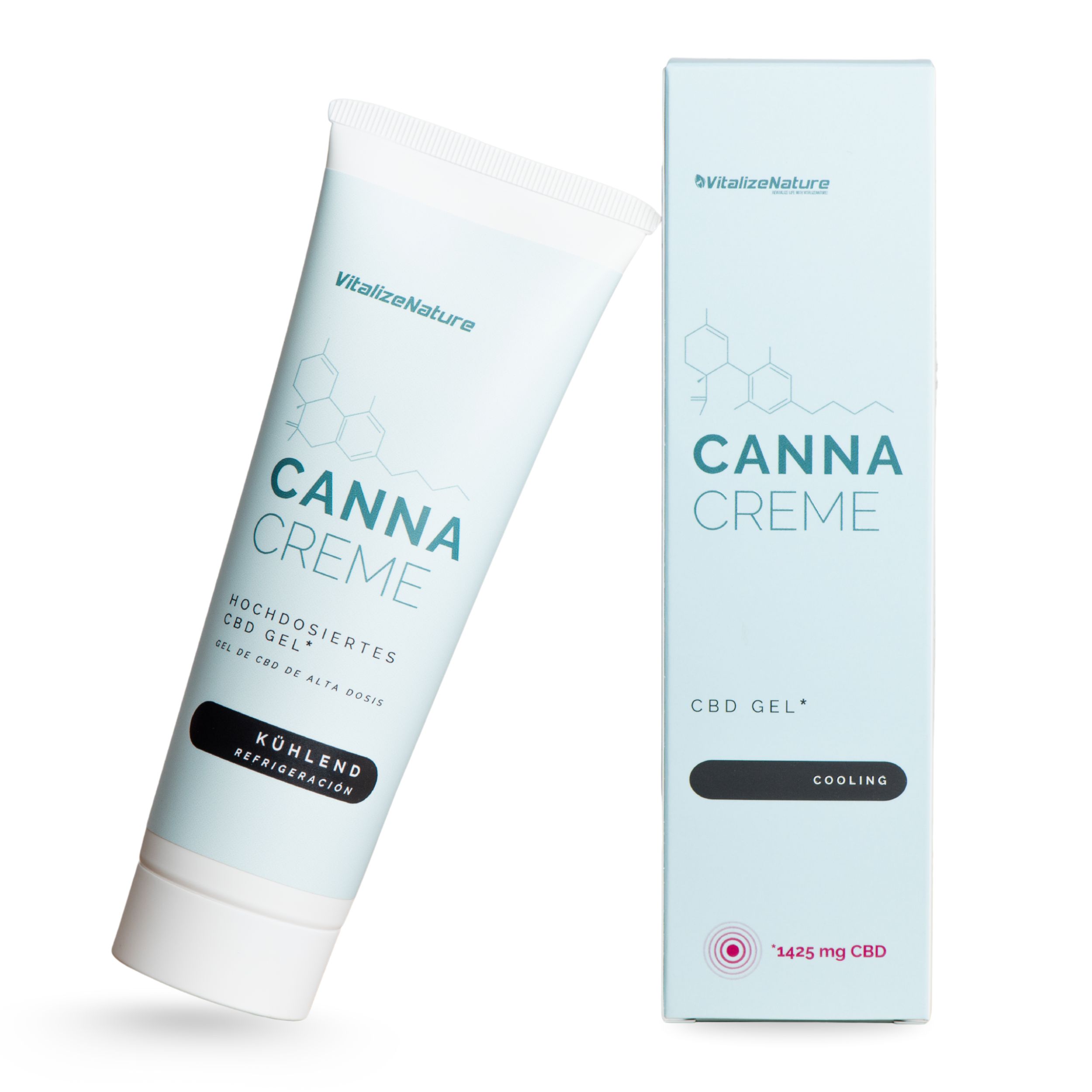 Tube de Canna Creme CBD Gel. Refroidissant. Emballage avec nom et logo.