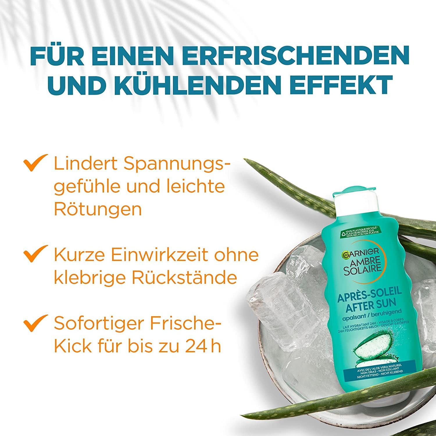 Garnier Après-Soleil After Sun fles op ijs. Tekst: Verfrissend en verkoelend. Verlicht, snelle werking, onmiddellijke frisheid.