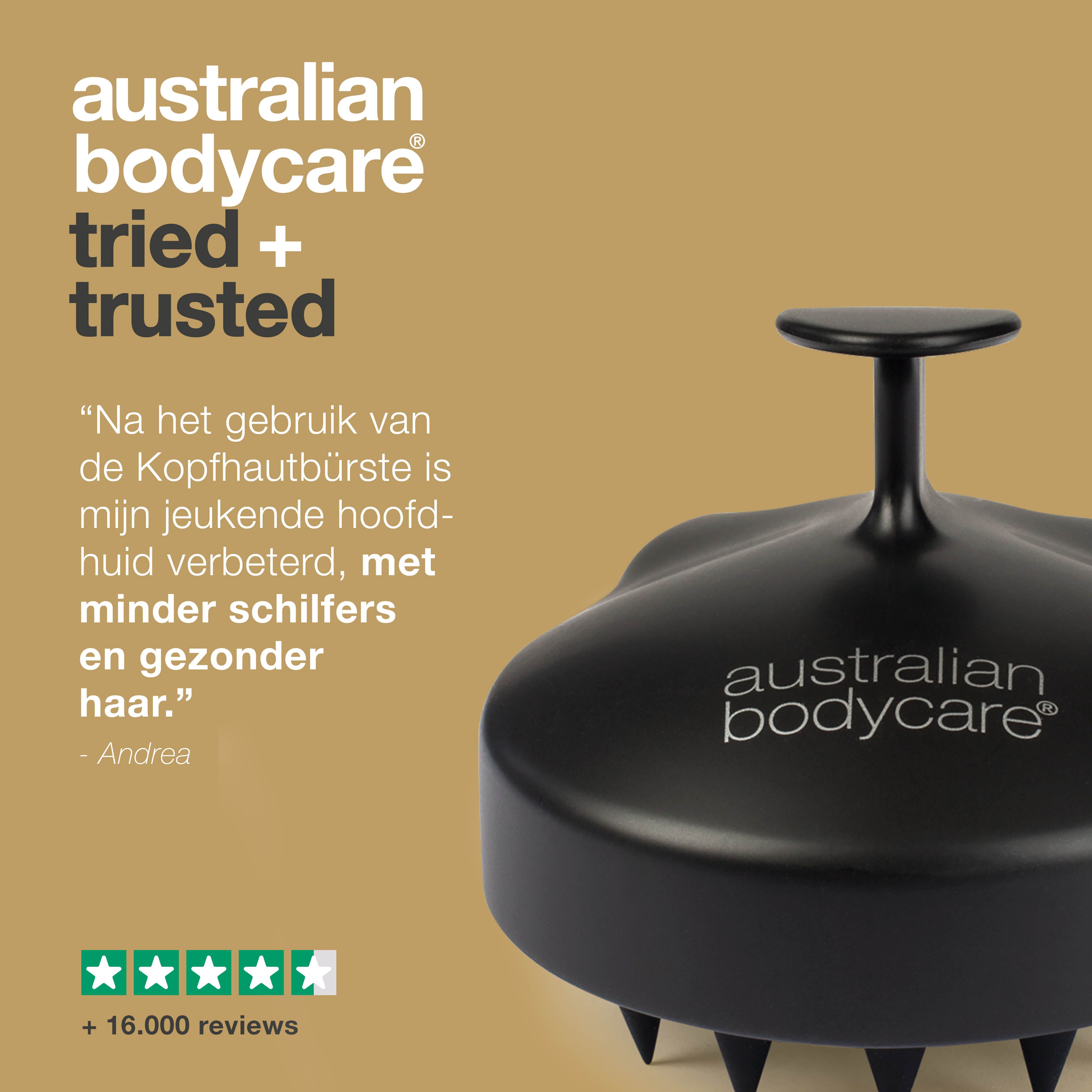 Grafiek: hoofdhuidmassageborstel en tekst. Tekst: « Na het gebruik van de hoofdhuidborstel is mijn jeukende hoofdhuid verbeterd. »
