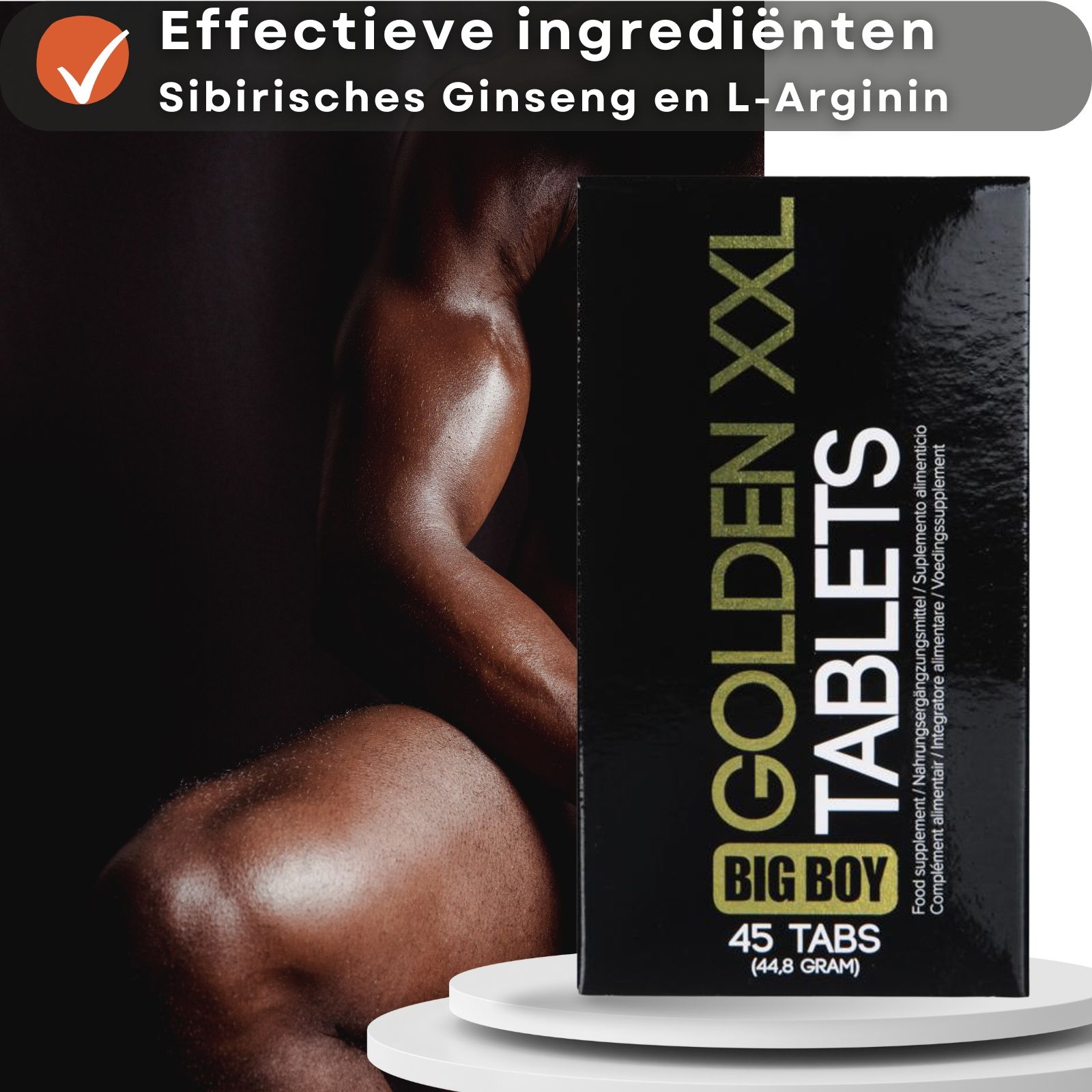 Tablettendoos en man. Tekst: Effectieve ingrediënten, Siberische ginseng en L-Arginine. GOLDEN XXL TABLETS.