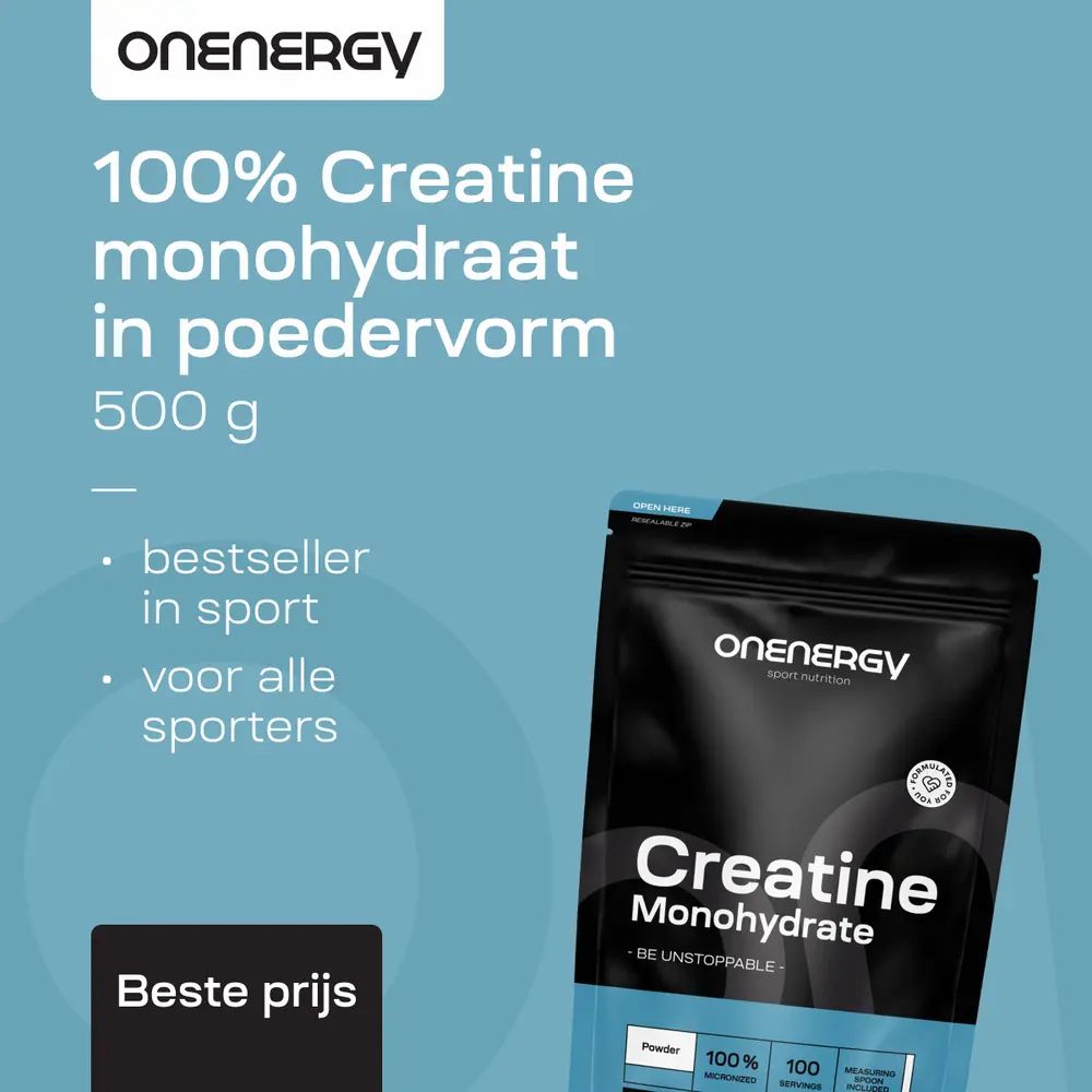 OnEnergy Creatine Monohydrate zak. Tekst: 100% creatine monohydraat in poedervorm, 500 g. Bestseller, voor alle sporters.