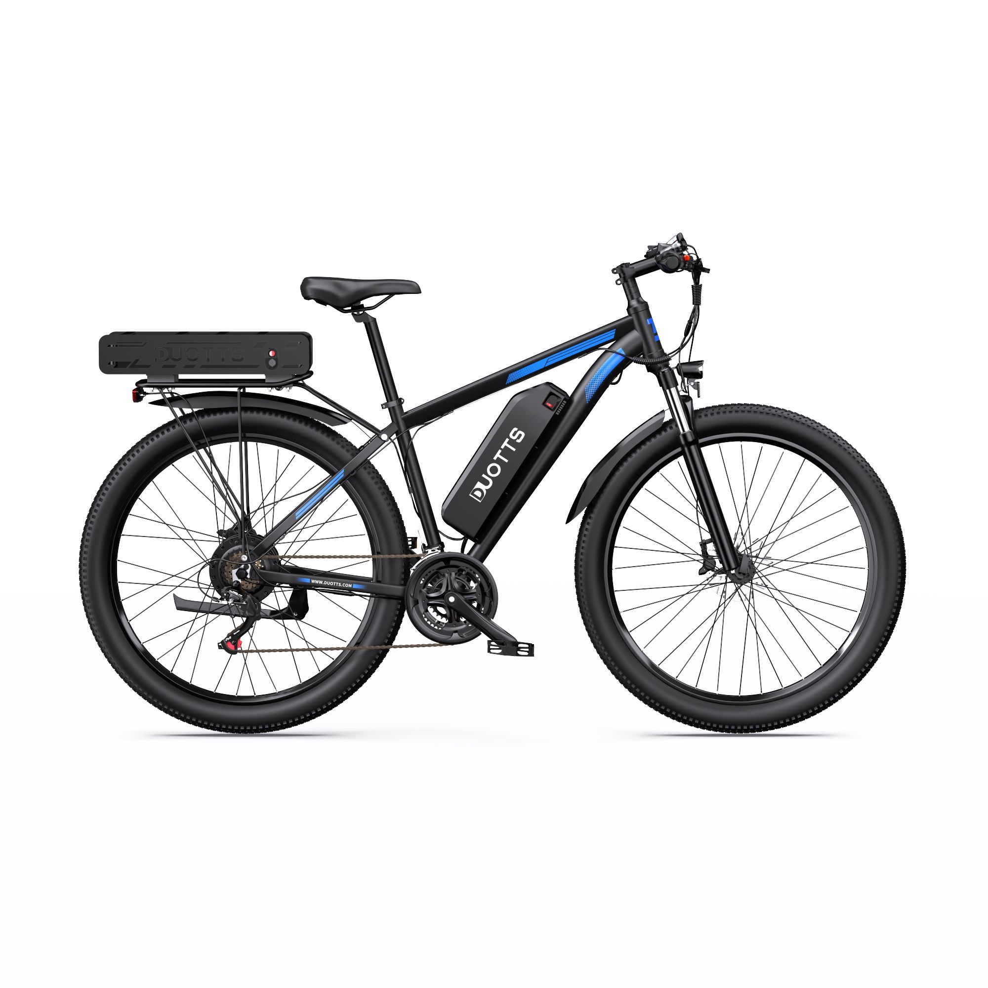 Zwarte e-bike met blauwe accenten. DUOTTS-logo zichtbaar, dubbele batterij, Shimano 21 versnellingen. Witte achtergrond.