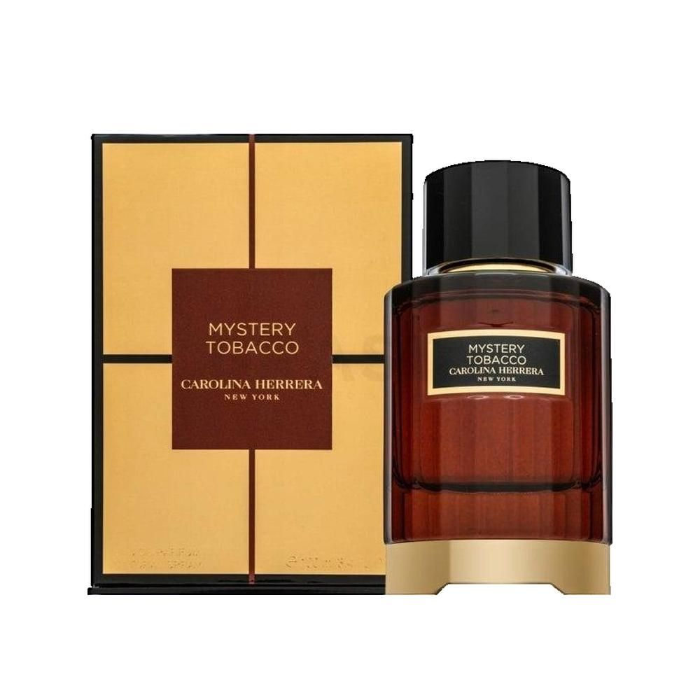 Parfumfles en verpakking. Rechthoekige fles met bruine vloeistof. Gouden verpakking met productnaam.