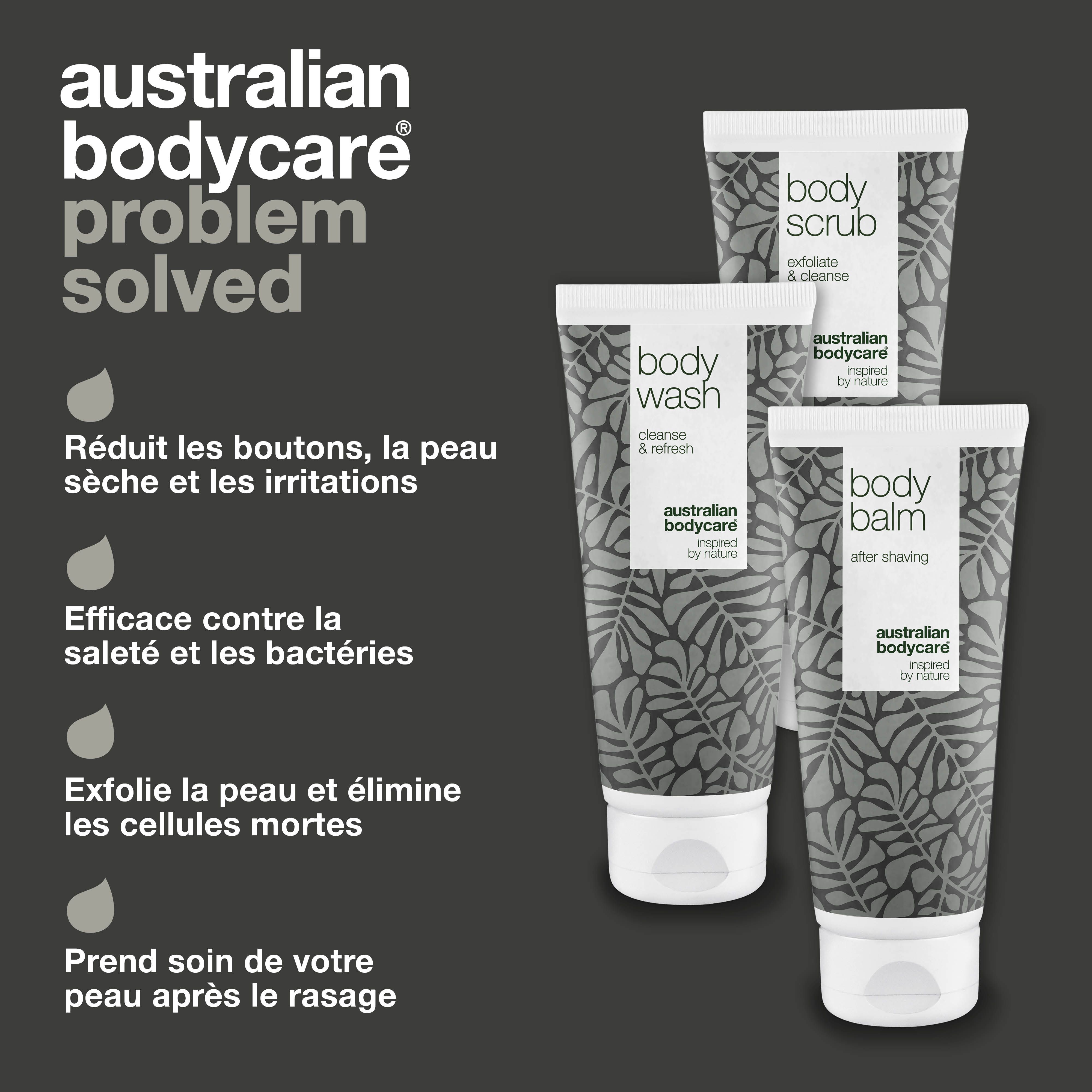 Trois tubes de produits pour le corps. Inscriptions : Body Scrub, Body Wash, Body Balm. Marque : Australian Bodycare.