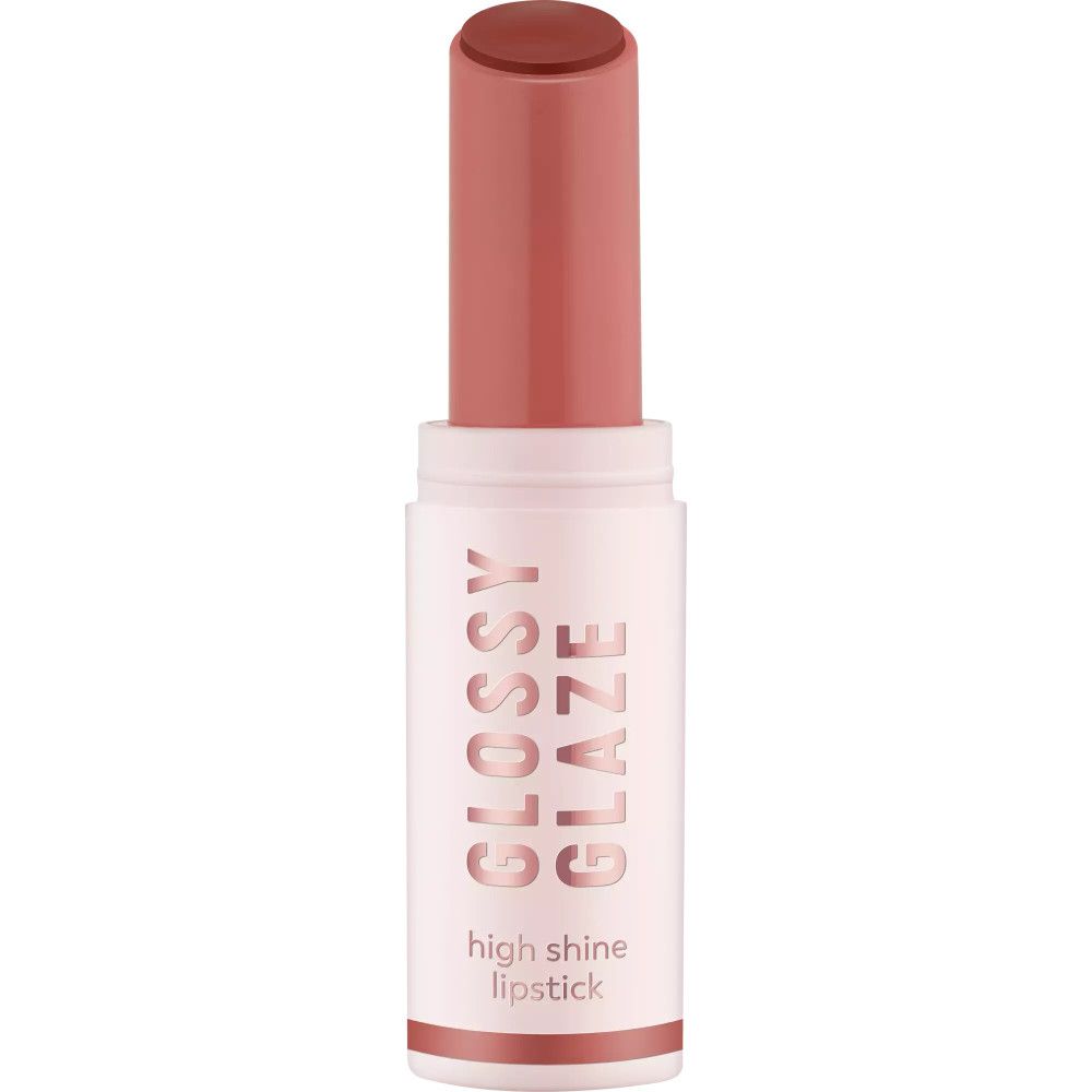 Rouge à lèvres dans un étui rose clair. Inscription: Glossy Glaze, High Shine Lipstick.