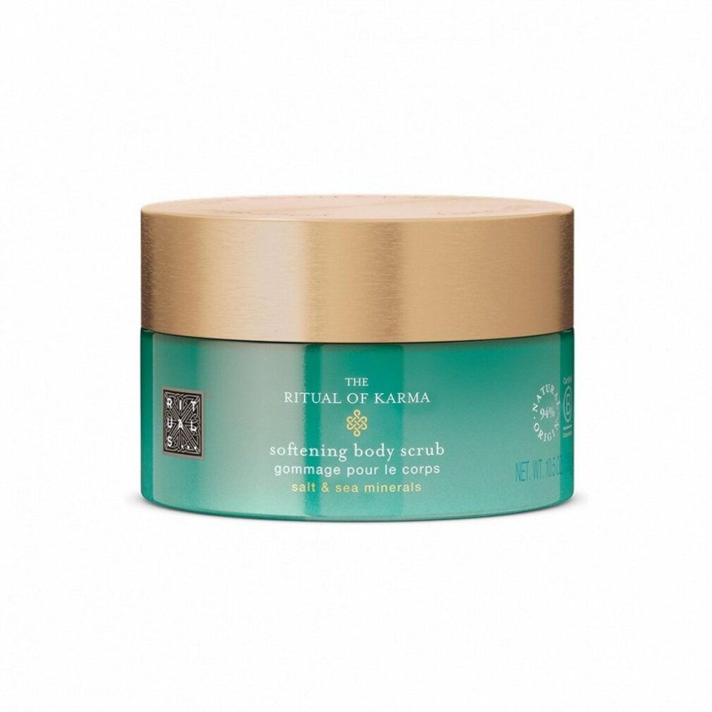 Turquoise pot met gouden deksel. Opschrift: The Ritual of Karma, softening body scrub, zout & zeemineralen. Logo.