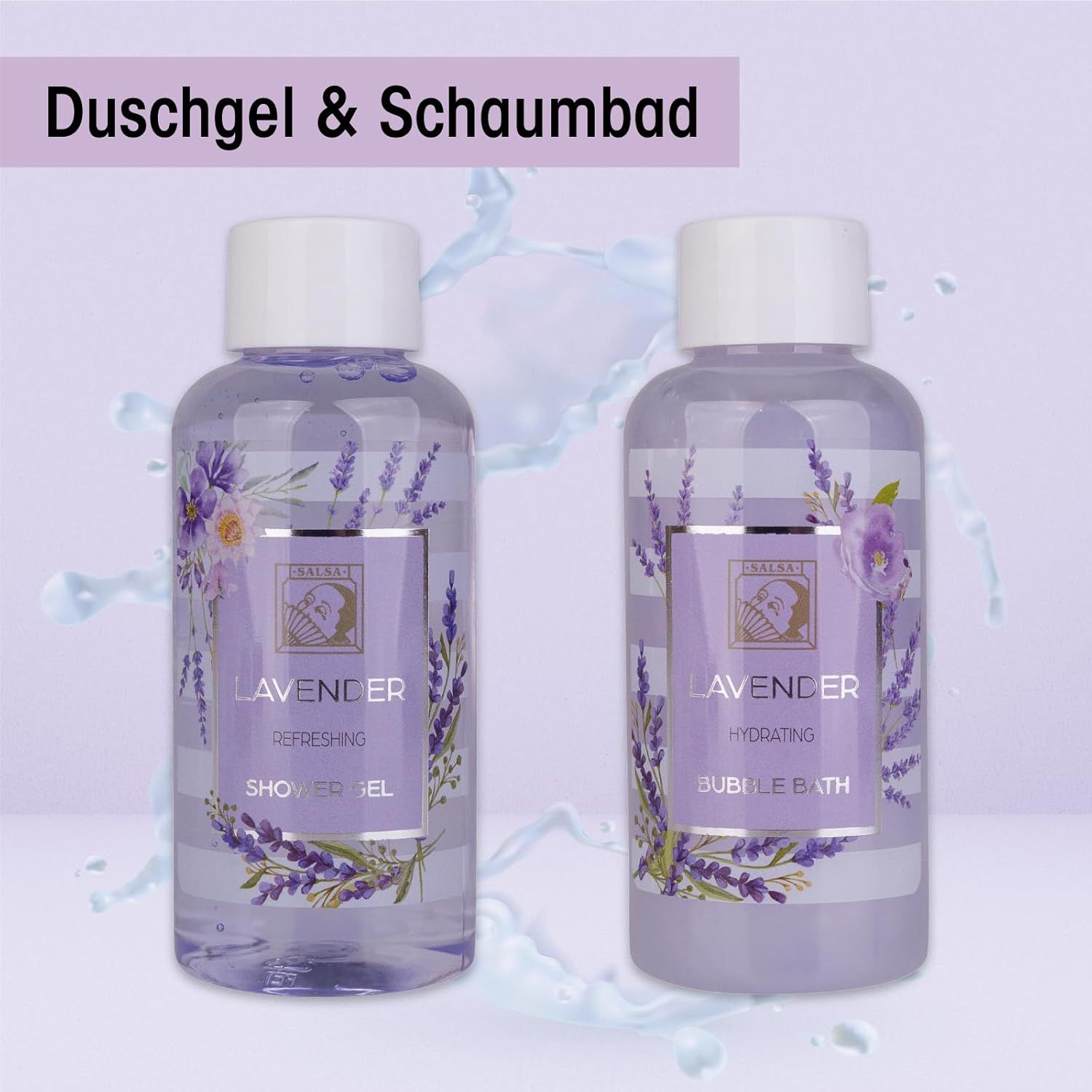 Twee doorzichtige flessen lavendel douchegel en badschuim. Beide met lavendelmotief.