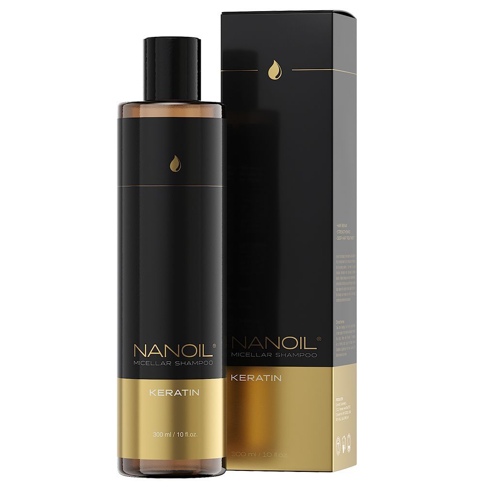 Zwarte fles met gouden band, Nanoil Micellar Shampoo Keratine, 300 ml. Zwarte doos ernaast.