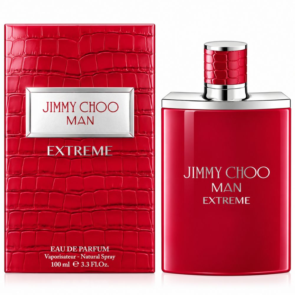 Jimmy Choo Man Extreme Eau de Parfum fles en verpakking. Rode krokodillenleren textuur.