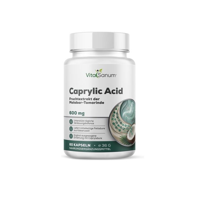 VitaSanum Caprylic Acid 600 mg capsules. Witte container met witte dop. Vooretiket met productinformatie en kokosnootillustratie.