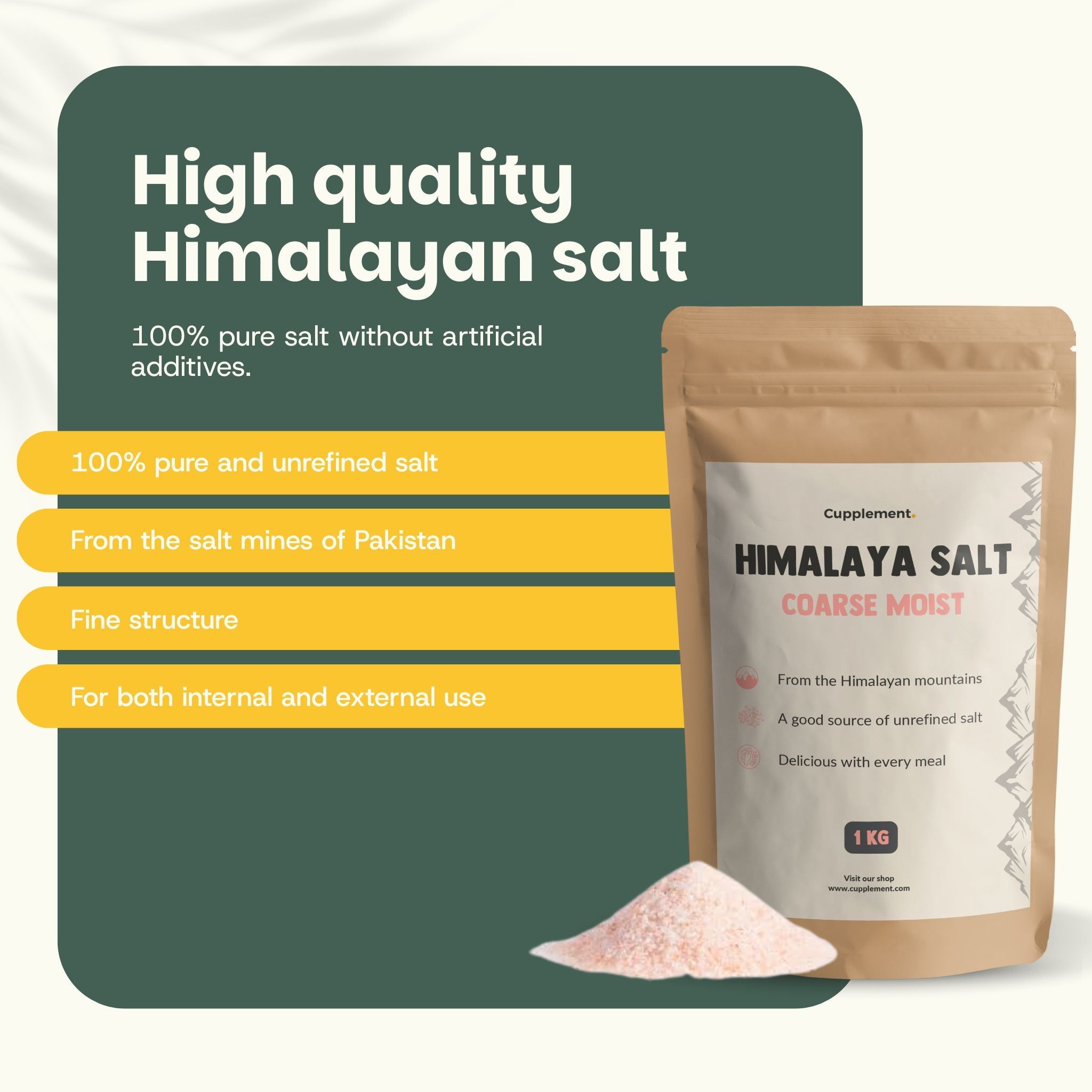 Sachet de sel de l'Himalaya, grossier, humide. Texte: Cupplement, Himalaya Salt, 1 kg. 100% sel pur sans additifs artificiels.