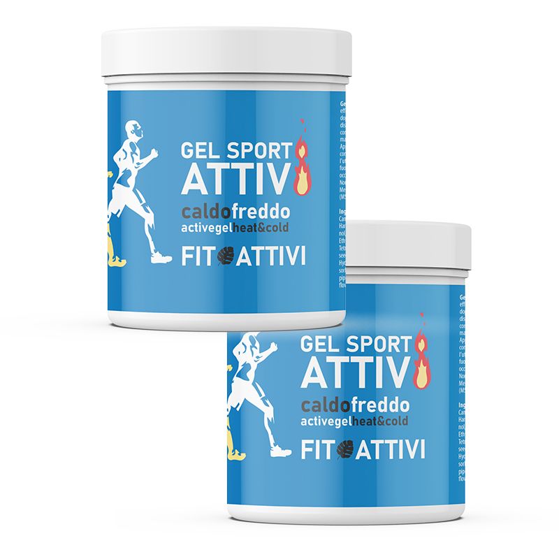 Deux pots bleus avec couvercles blancs. Inscription : GEL SPORT ATTIVI, caldofreddo, activegelheat&cold, FIT ATTIVI. Illustration d'un coureur.