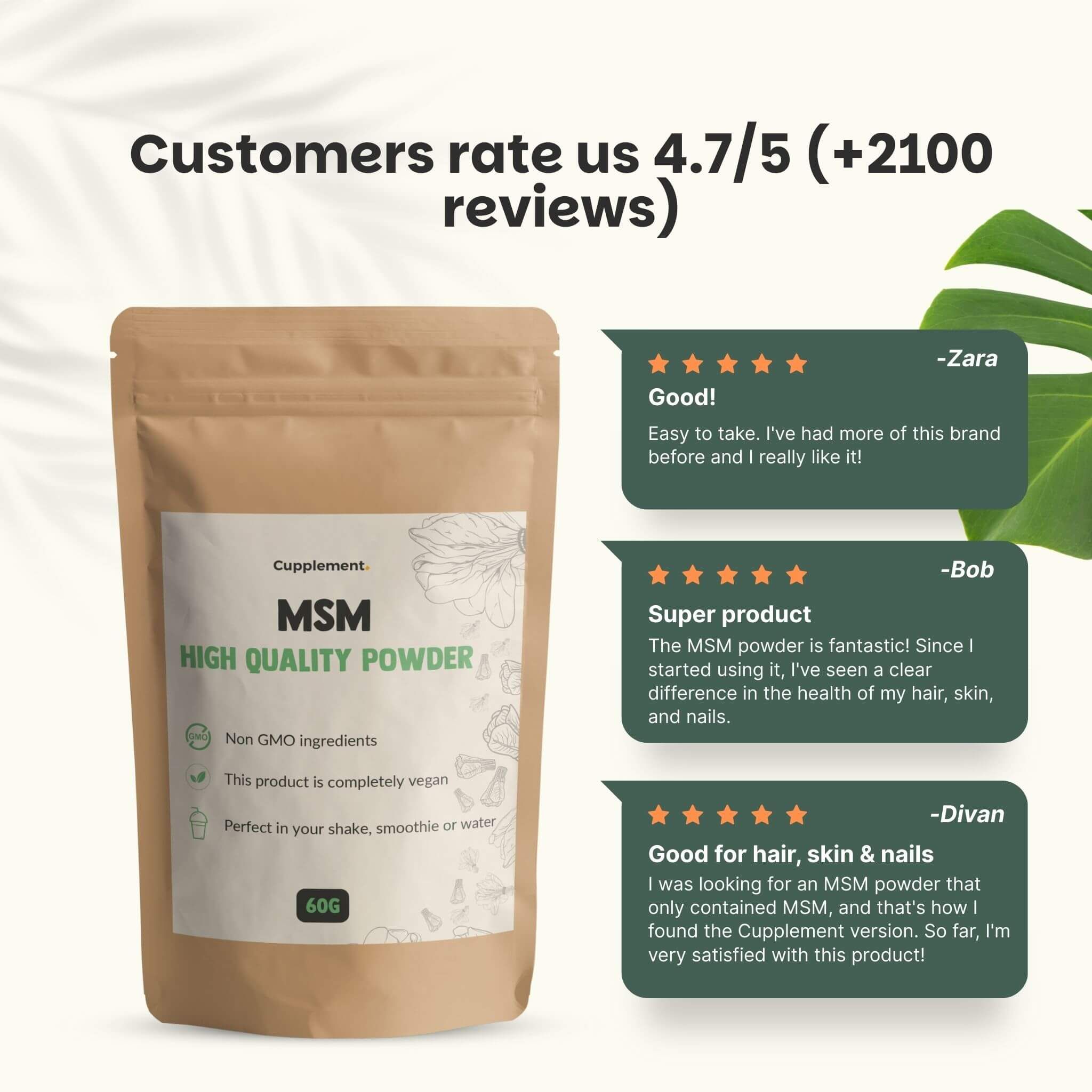 Sachet de poudre de MSM. Texte : MSM High Quality Powder. Évaluation client 4,7/5. Citations de clients.