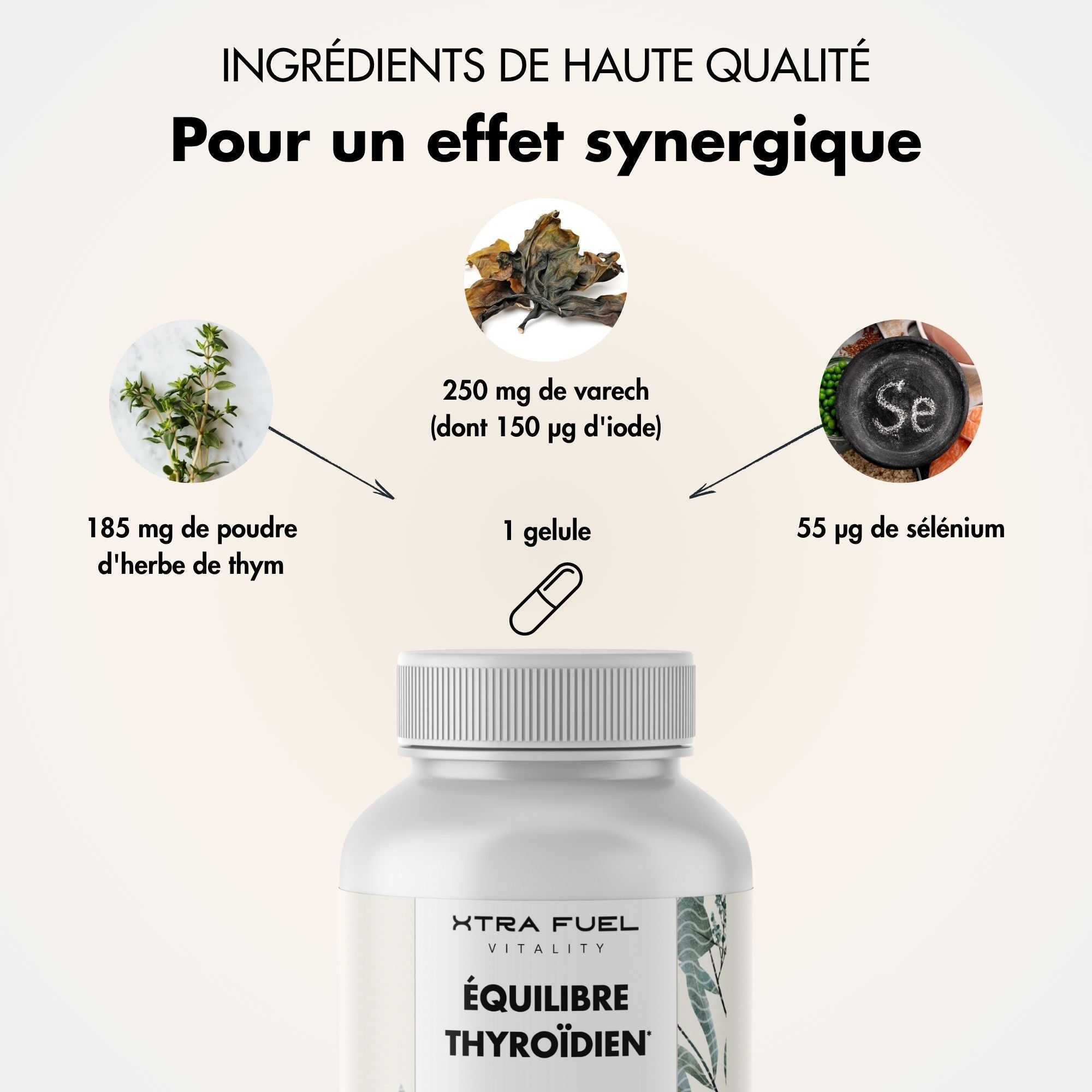 Ingrédients : thym, varech, sélénium. Texte : Pour un effet synergique. 1 gélule.