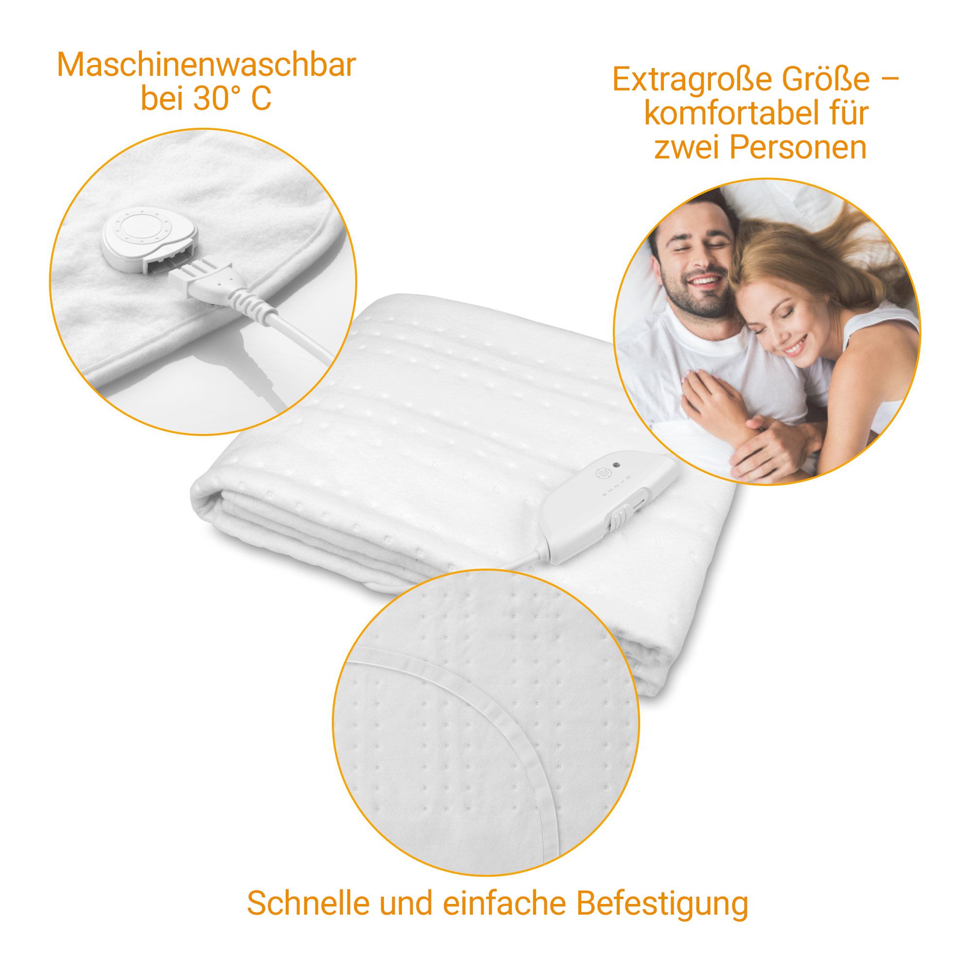 Witte verwarmingsdeken: machinewasbaar, snelle bevestiging, comfortabel voor twee.