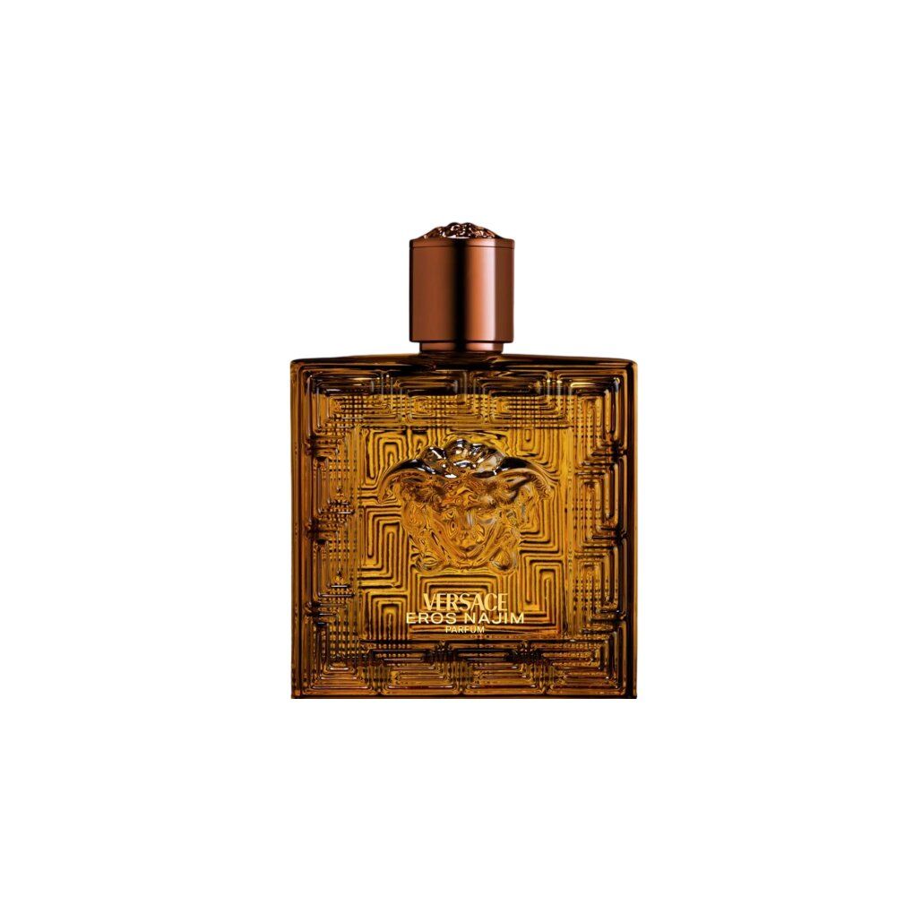 Flacon Versace Eros Najim Parfum avec tête de Méduse et motif géométrique.