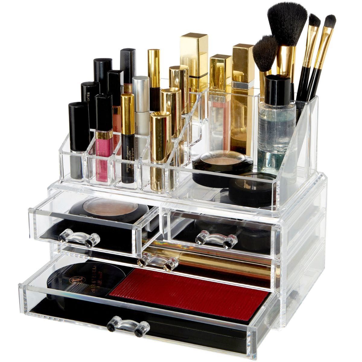 Transparante acryl make-up organizer met meerdere vakken en lade, gevuld met make-up en kwasten.
