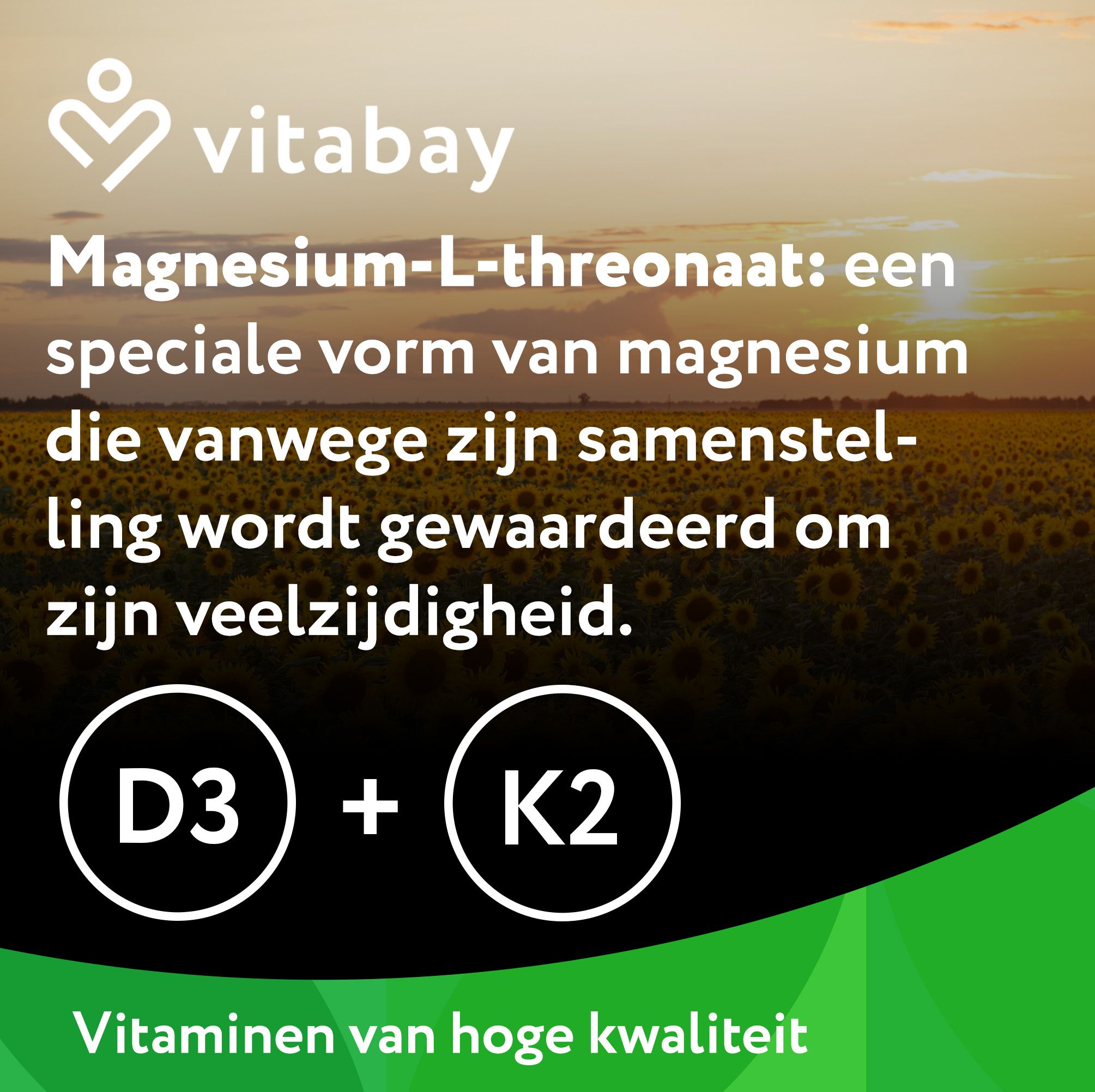 Vitabay Magnesium L-Threonaat: Speciale magnesiumvorm met Vitamine D3 en K2. Hoogwaardige vitaminen.