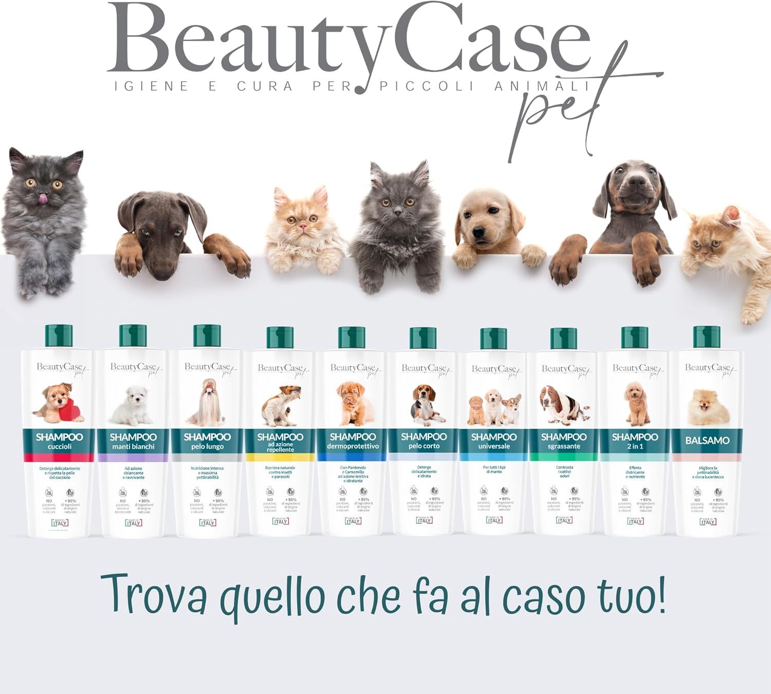 Image publicitaire avec différentes bouteilles de shampooing. Texte: BeautyCase pet, Igien e cura per piccoli animali. Texte: Trova quello che fa al caso tuo!