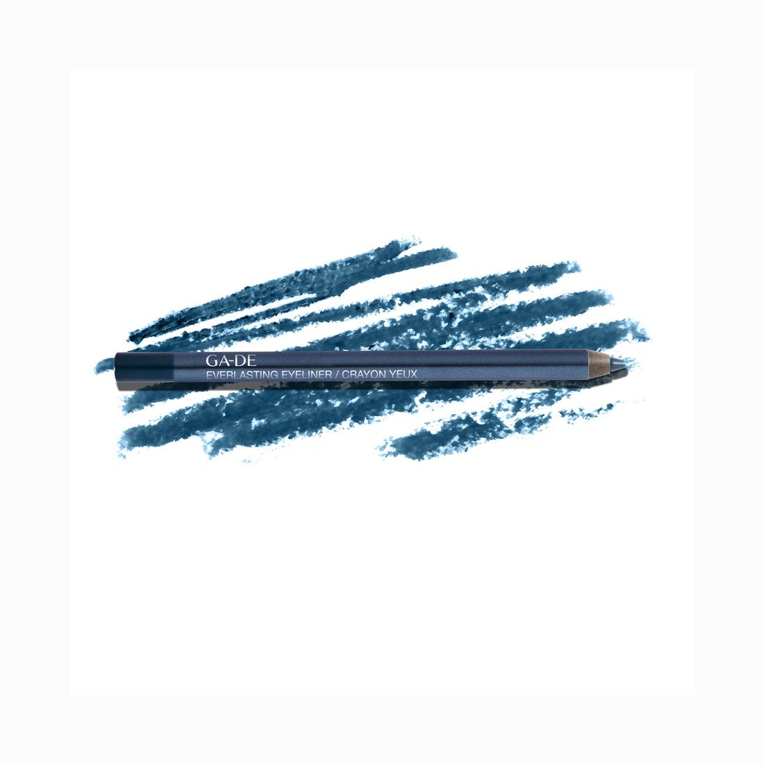 Crayon eyeliner bleu sur traits bleus. Inscription: GA-DE Everlasting Eyeliner / Crayon Yeux.