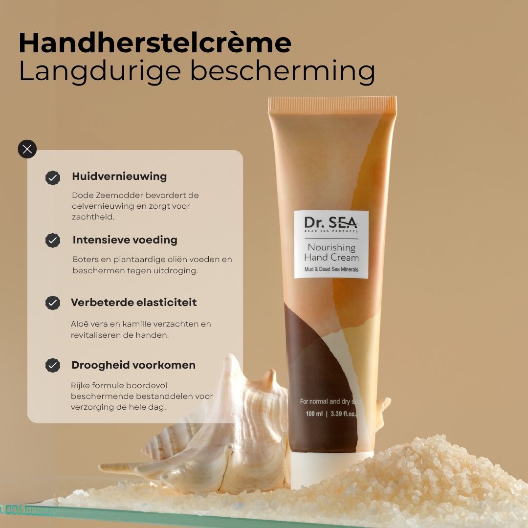 Crèmetube. Opschrift: Dr. SEA, Nourishing Hand Cream. Voor normale en droge huid. Witte dop.