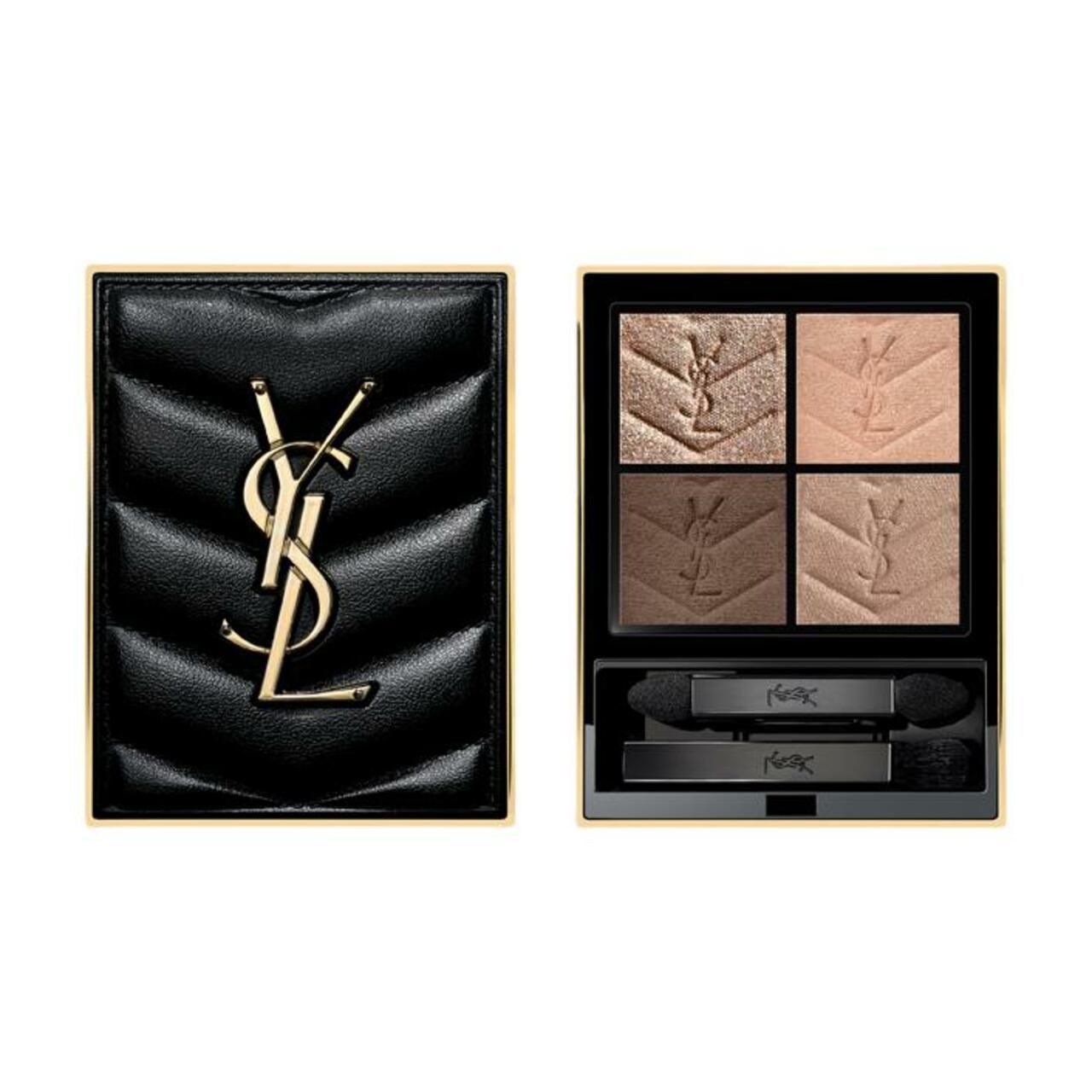 Yves Saint Laurent Couture Mini Clutch, zwart met gouden logo. Open: oogschaduwpalet met vier tinten en twee applicators.