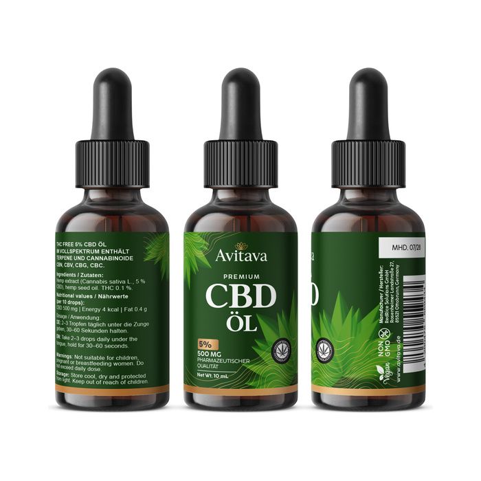 Avitava CBD olie flessen (3 weergaven), druppelaar, 5% CBD, 500 mg, 10 ml.