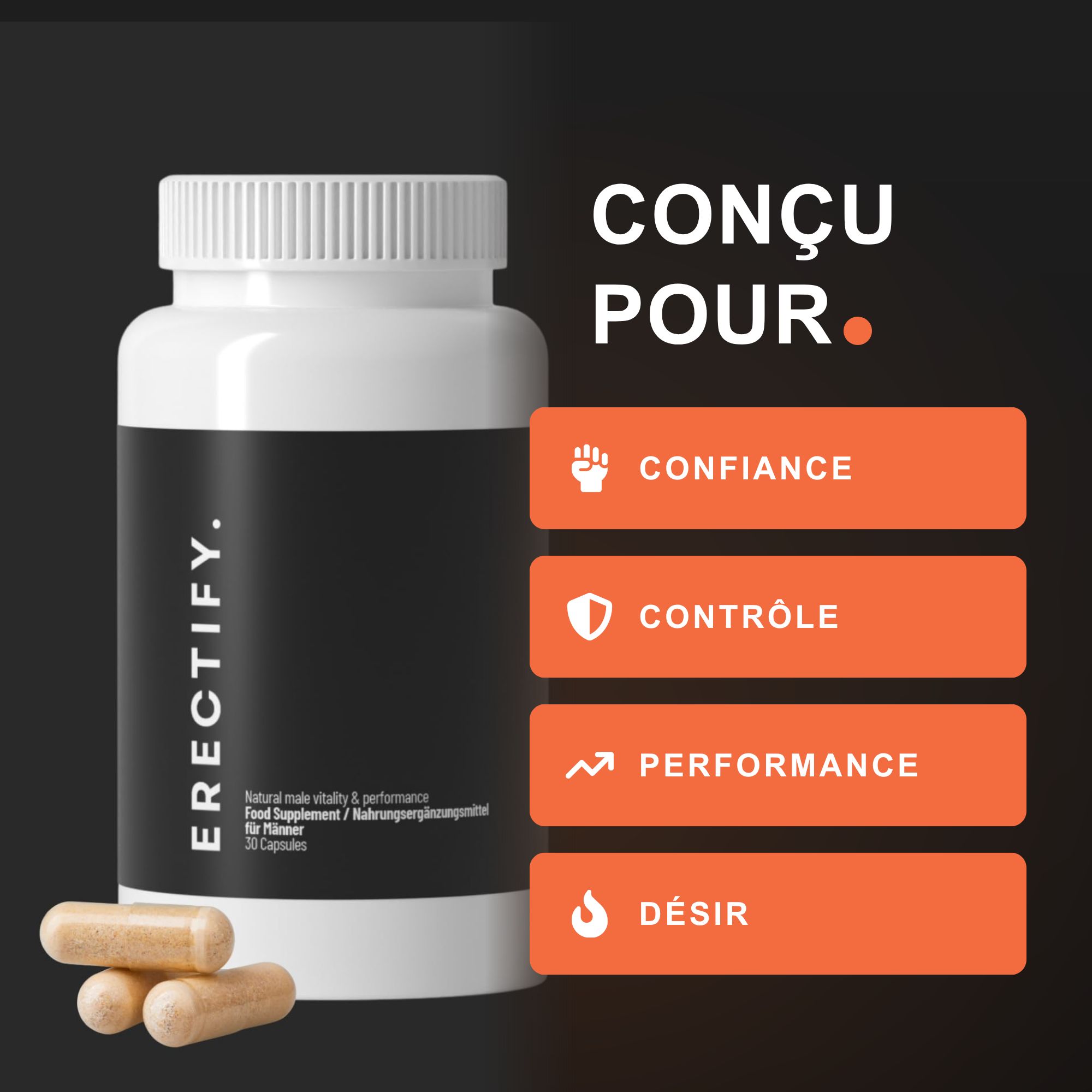 Bouteille 'ERECTIFY.' avec étiquette noire. Quatre gélules à côté. Texte : 'Conçu pour : Confiance, Contrôle, Performance, Désir'.