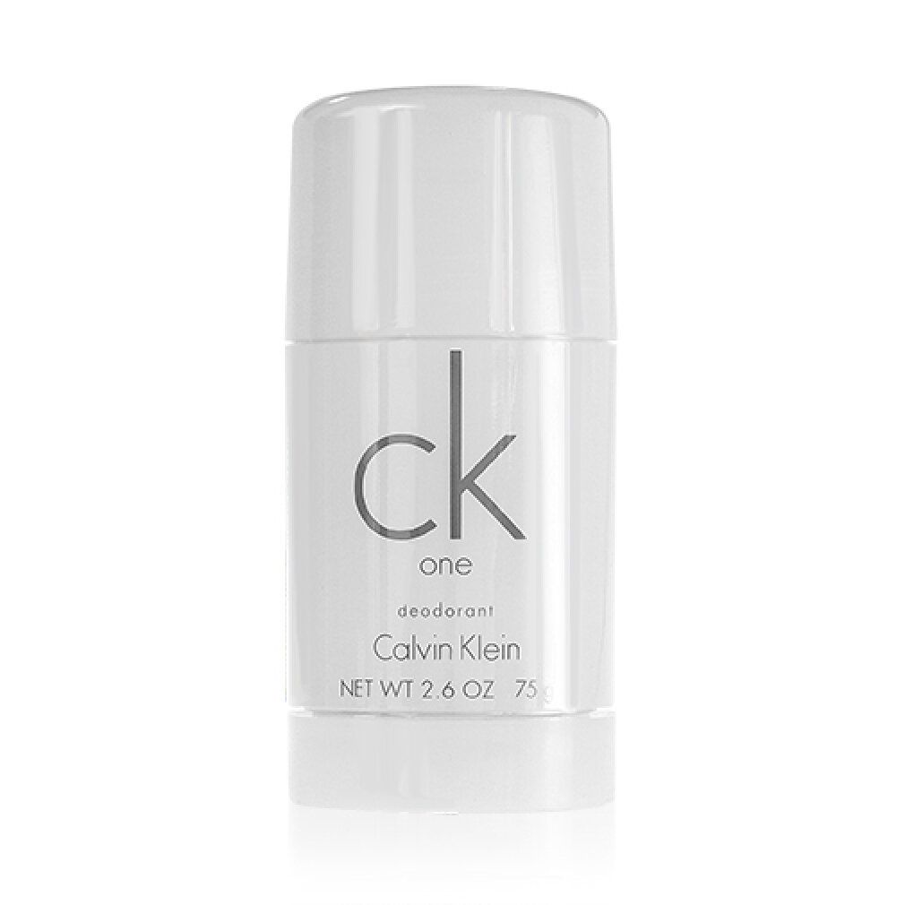 Stick déodorant blanc Calvin Klein One. Inscription: ck one, déodorant, Calvin Klein. Écriture noire.