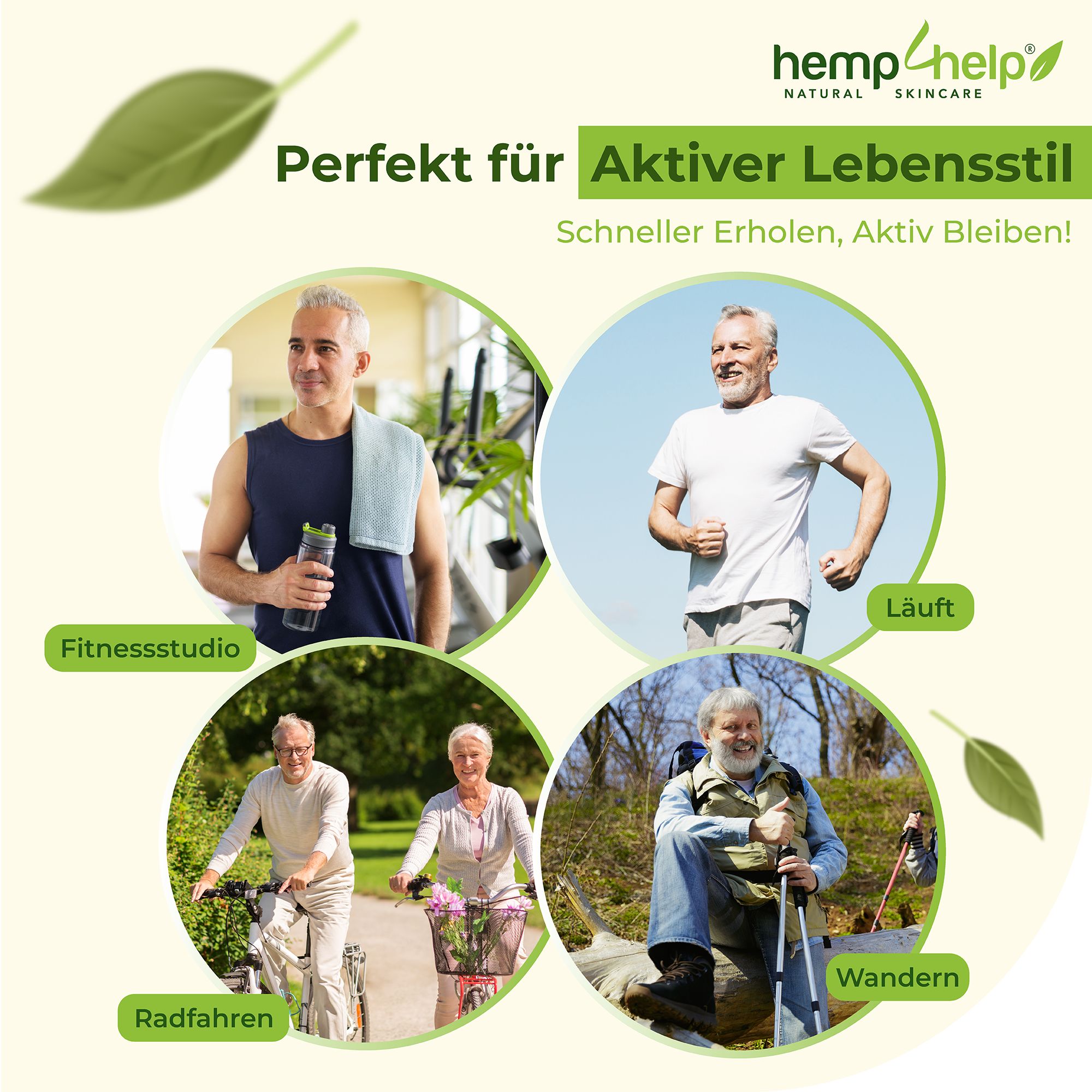 Afbeeldingen van mensen die sporten. Fitness, hardlopen, fietsen, wandelen. Merk: hemp help.