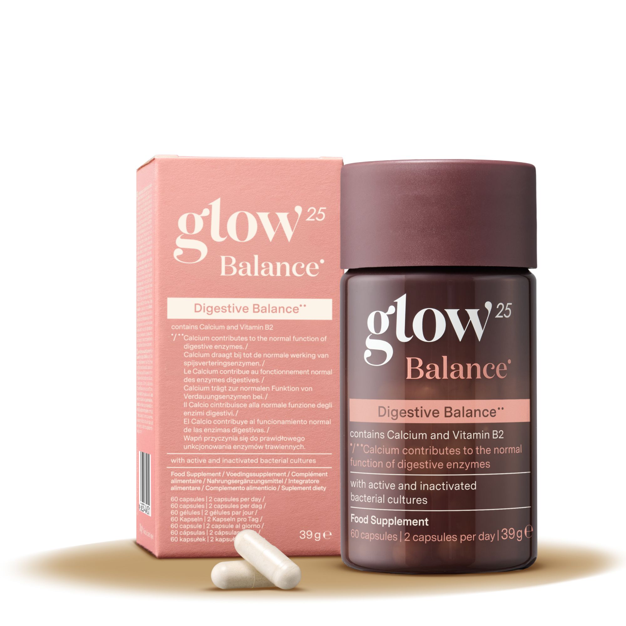 Glow Balance Digestive Balance : Pot brun avec étiquette rose, contient des gélules. Boîte rose jointe.