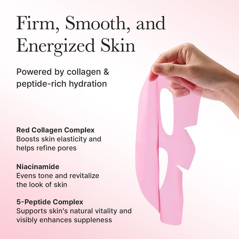 Roze hydrogelmasker met oog- en monduitsparingen, vastgehouden door een hand.