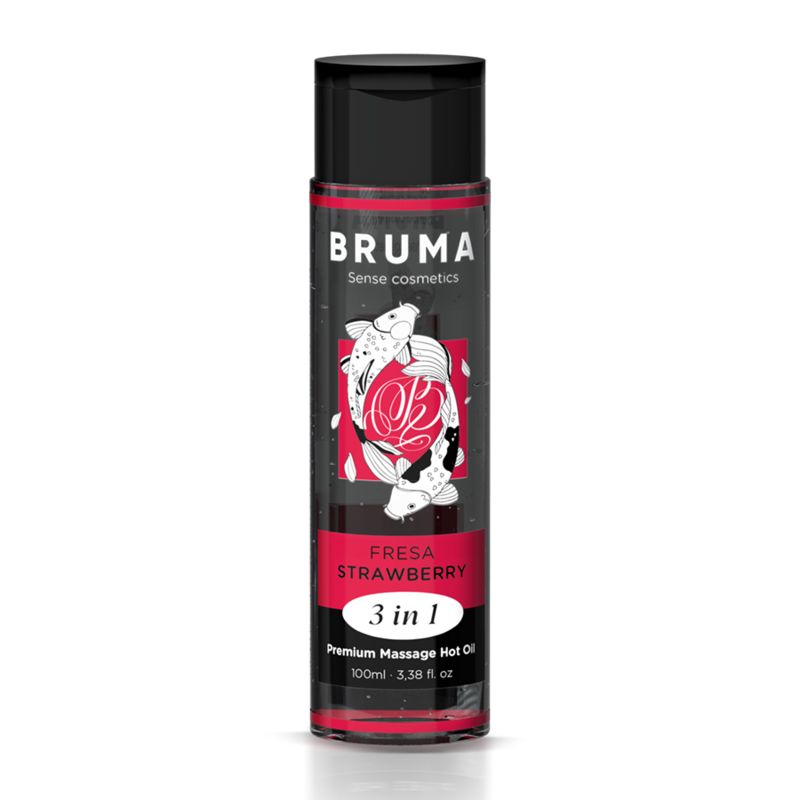 Bruma Premium verwarmende massageolie fles met aardbeienprint en koivissen.