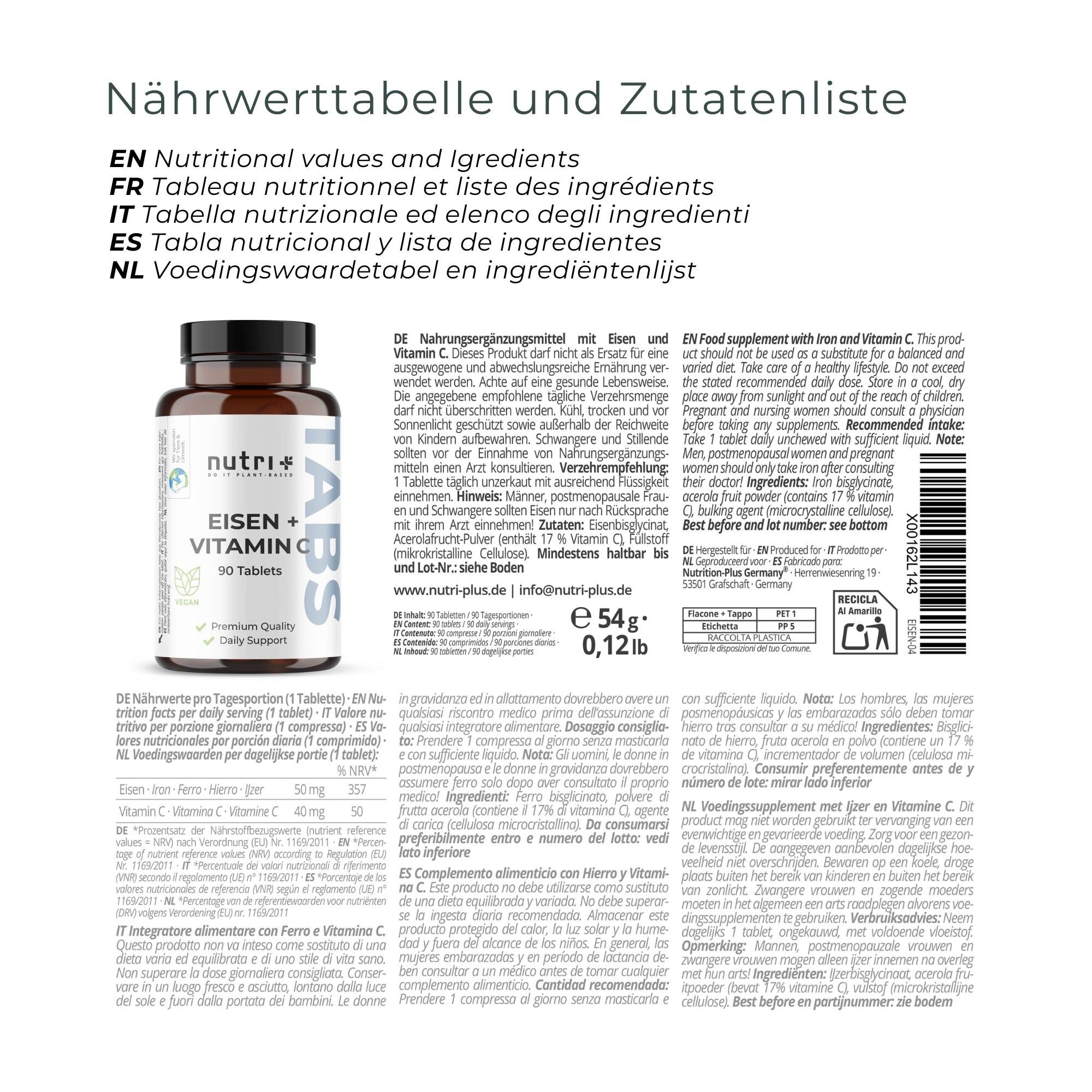 Voedingswaardetabel en ingrediëntenlijst in het Duits, Engels, Frans, Italiaans en Nederlands. Fles links.