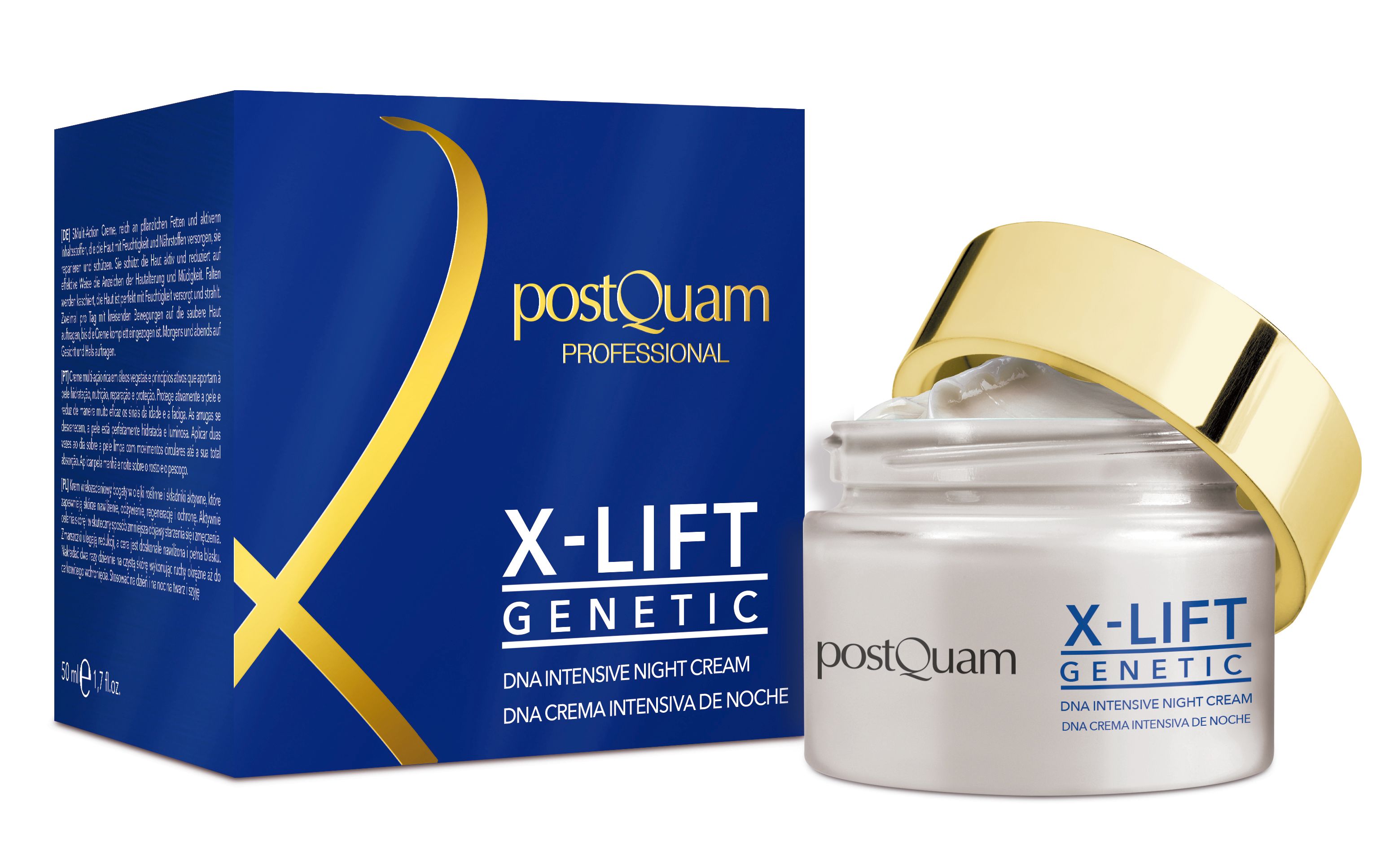 Pot de crème avec couvercle doré et boîte bleue. Inscription : PostQuam, X-Lift Genetic, DNA Intensive Night Cream.