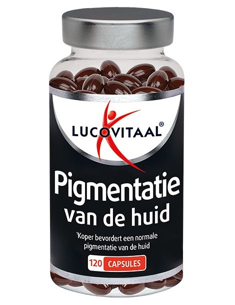 Gélules brunes dans un flacon transparent avec un couvercle argenté. Inscription : Pigmentatie van de huid.
